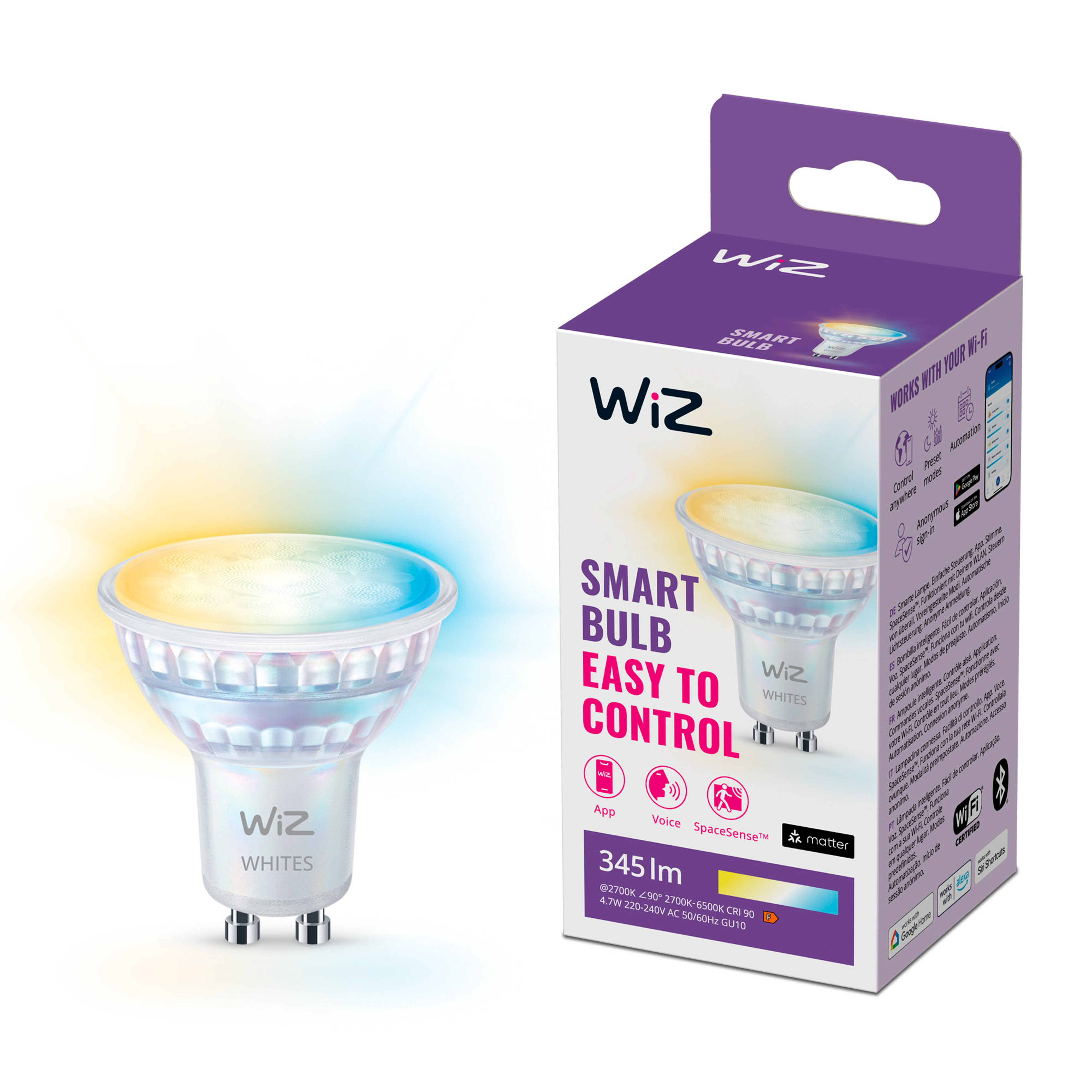 Wiz Smart Bulb mit Verpackung. Die Glühbirne leuchtet in Gelb- und Blautönen.