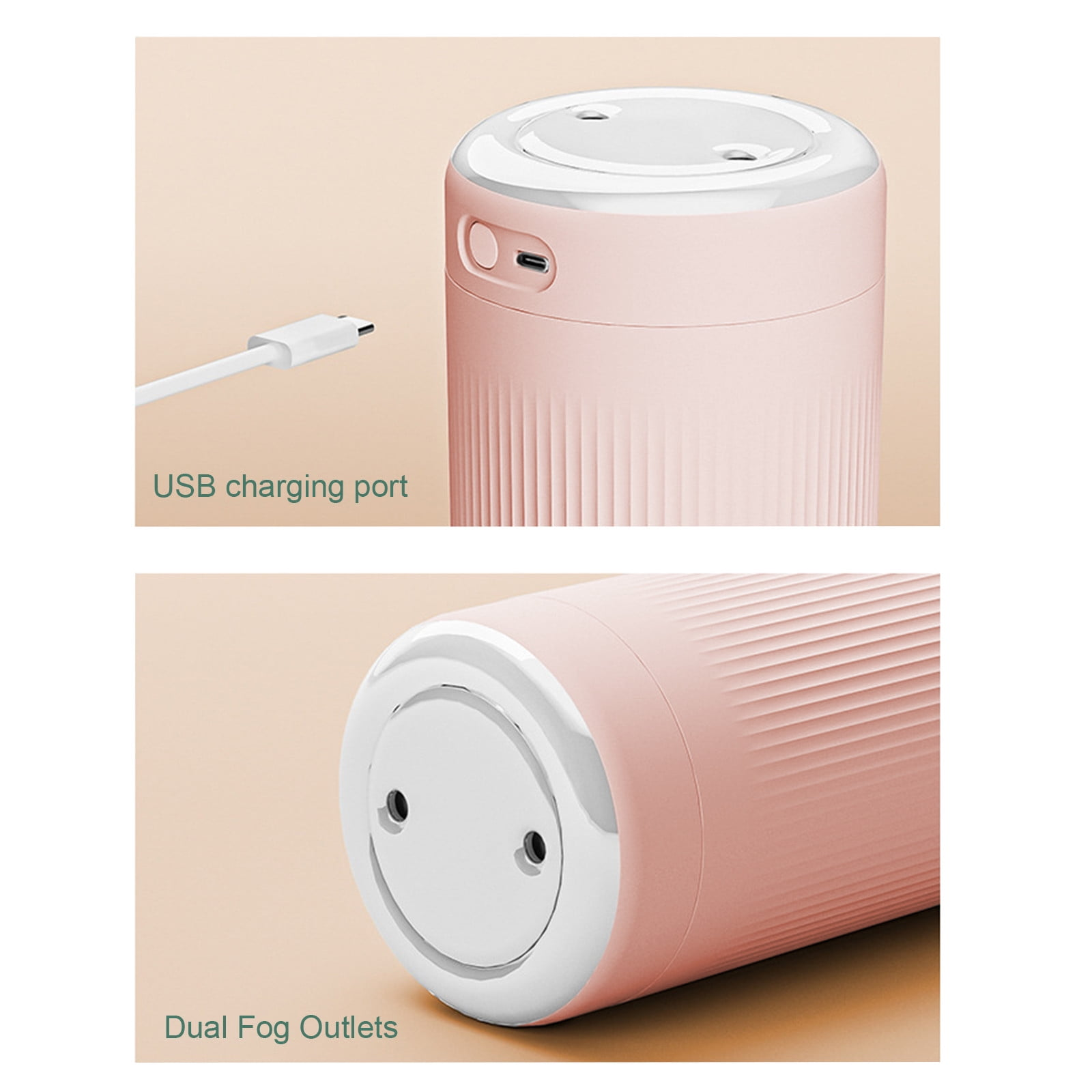 Ein rosa Luftbefeuchter mit USB-Ladeanschluss und zwei Nebelauslässen.