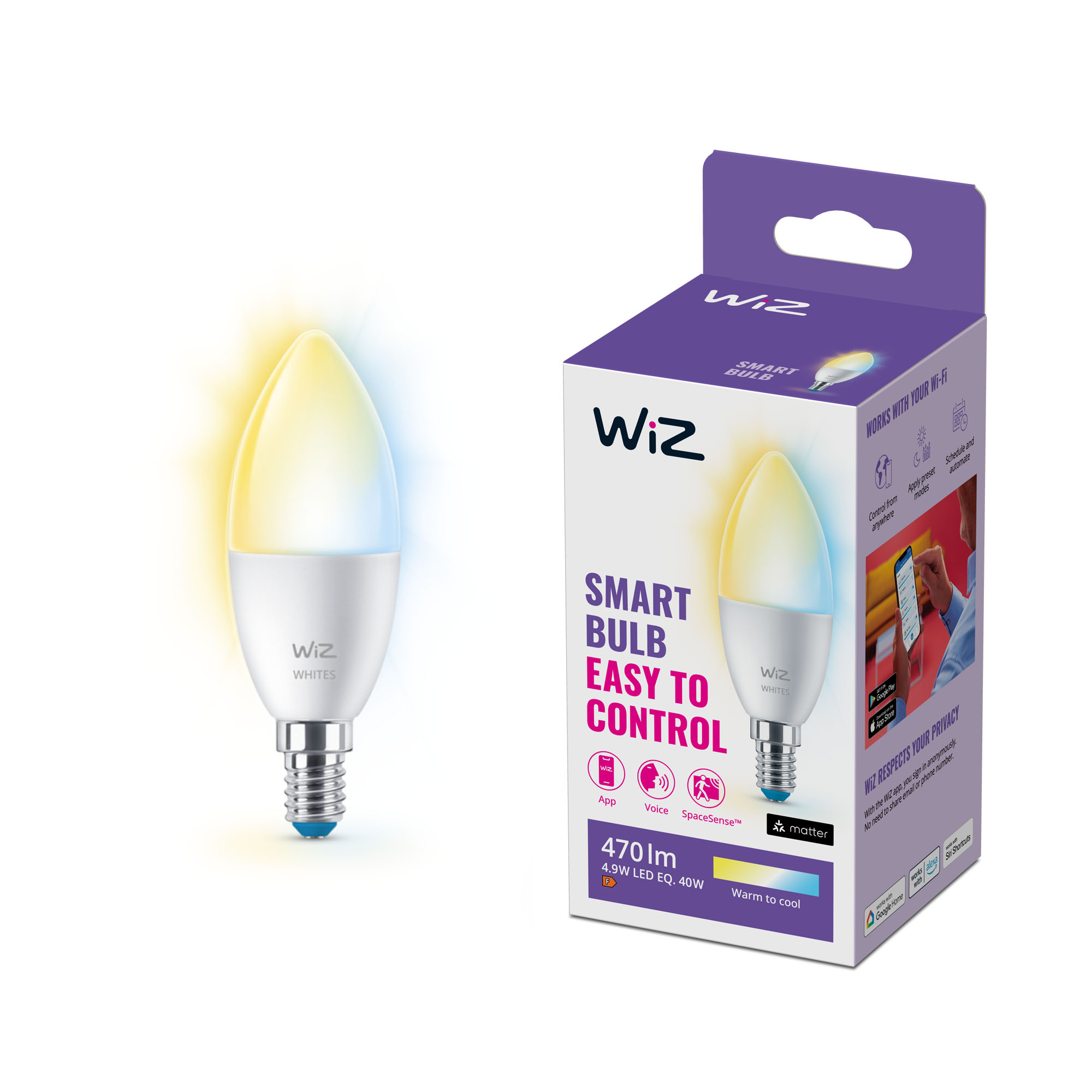 Weiße Wiz Smart-Glühbirne mit Verpackung, die Funktionen anzeigt.
