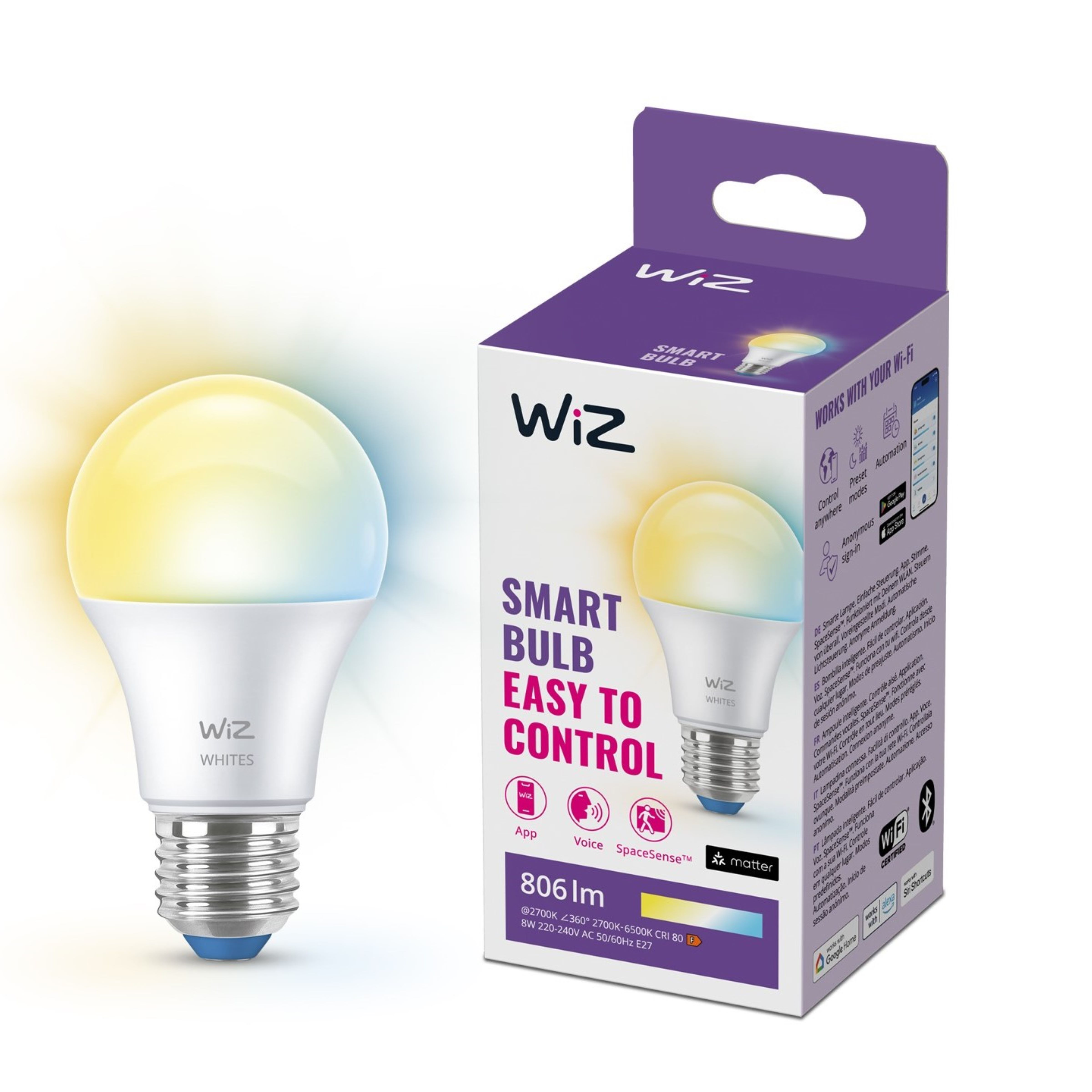 Eine weiße WiZ Smart Glühbirne und ihre lilafarbene Verpackung.