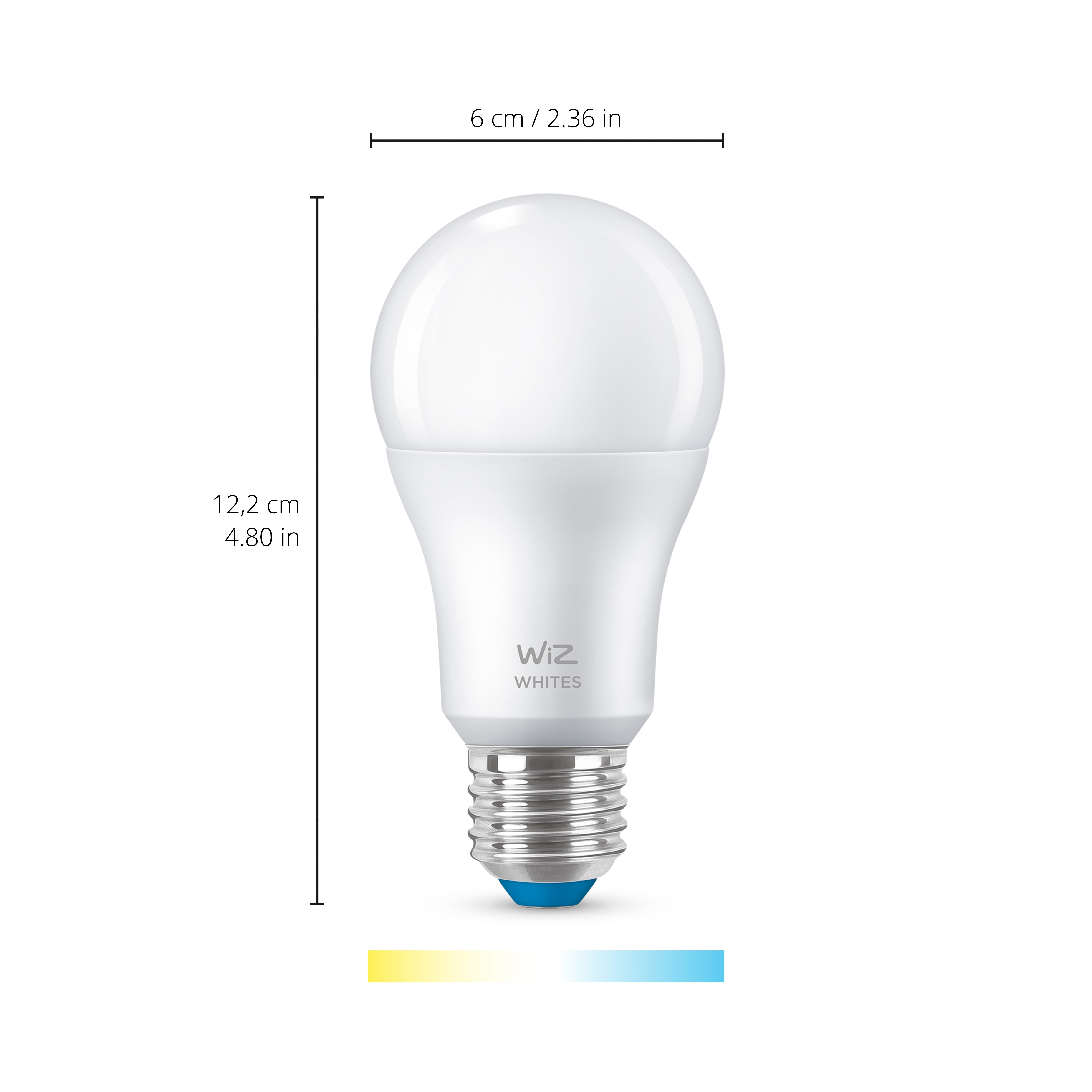 Eine weiße LED-Glühbirne mit WiZ-Logo und Maßangaben.