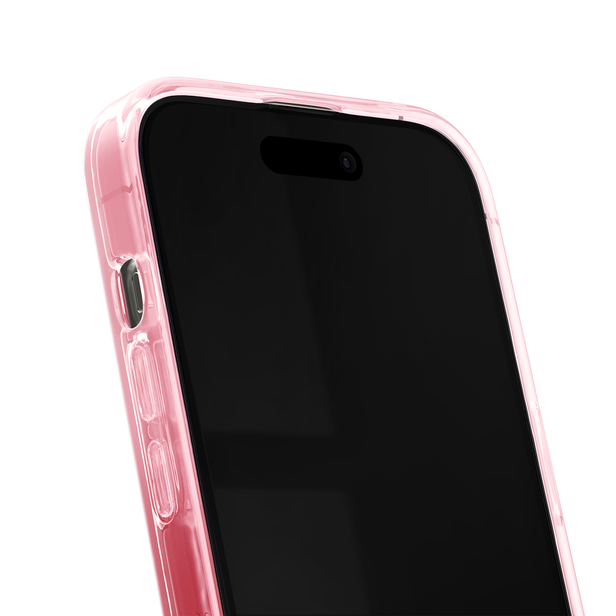 Nahaufnahme einer rosa Handyhülle auf einem schwarzen Smartphone mit Seitentasten.