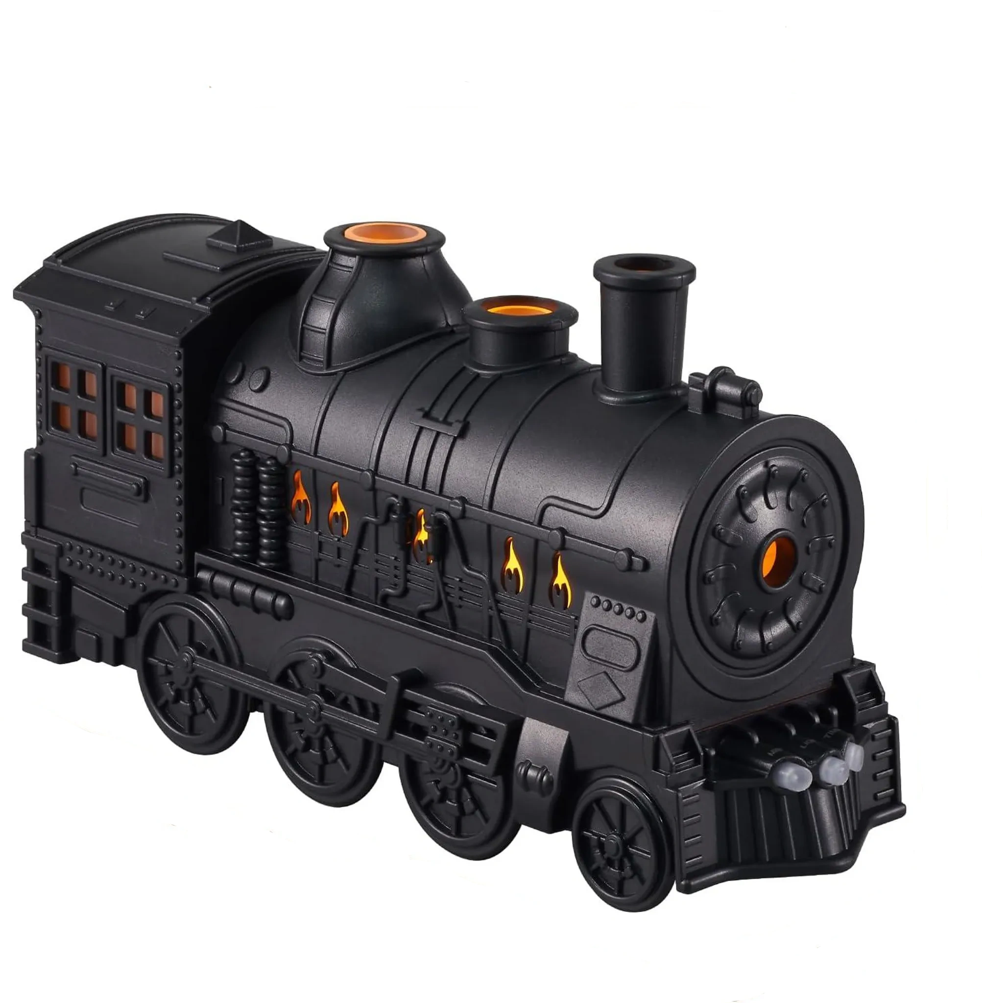 Eine schwarze Spielzeugdampflokomotive mit orangefarbenen Lichtern und Flammen.