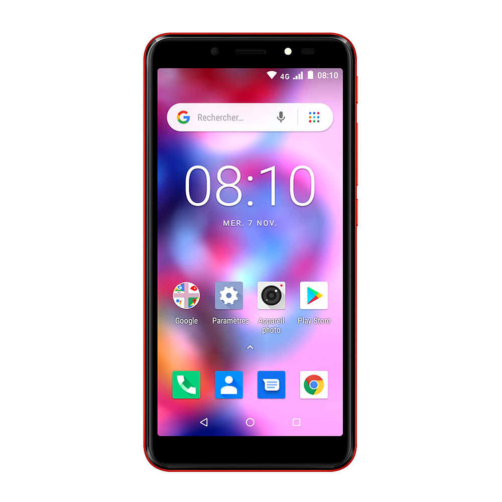 Uno smartphone rosso mostra la schermata principale con l'ora 08:10.