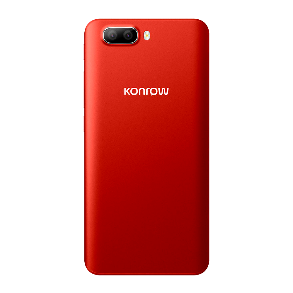 Retro di uno smartphone rosso con due fotocamere e logo Konrow.