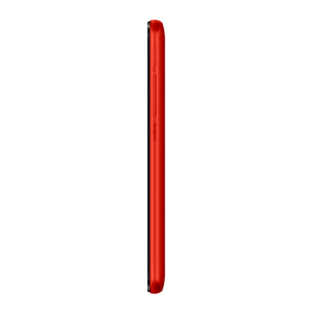 Smartphone rosso di profilo, con pulsanti e porte laterali visibili.