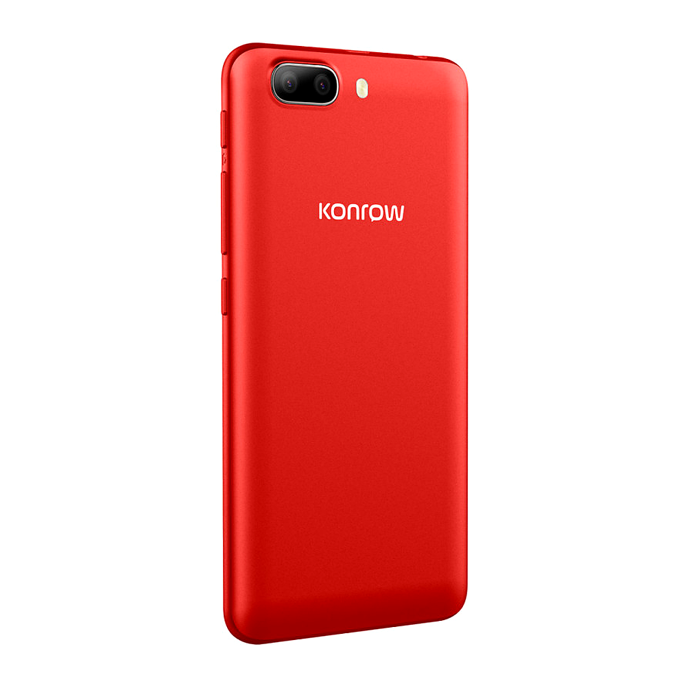 Smartphone rosso con doppia fotocamera e flash sul retro.