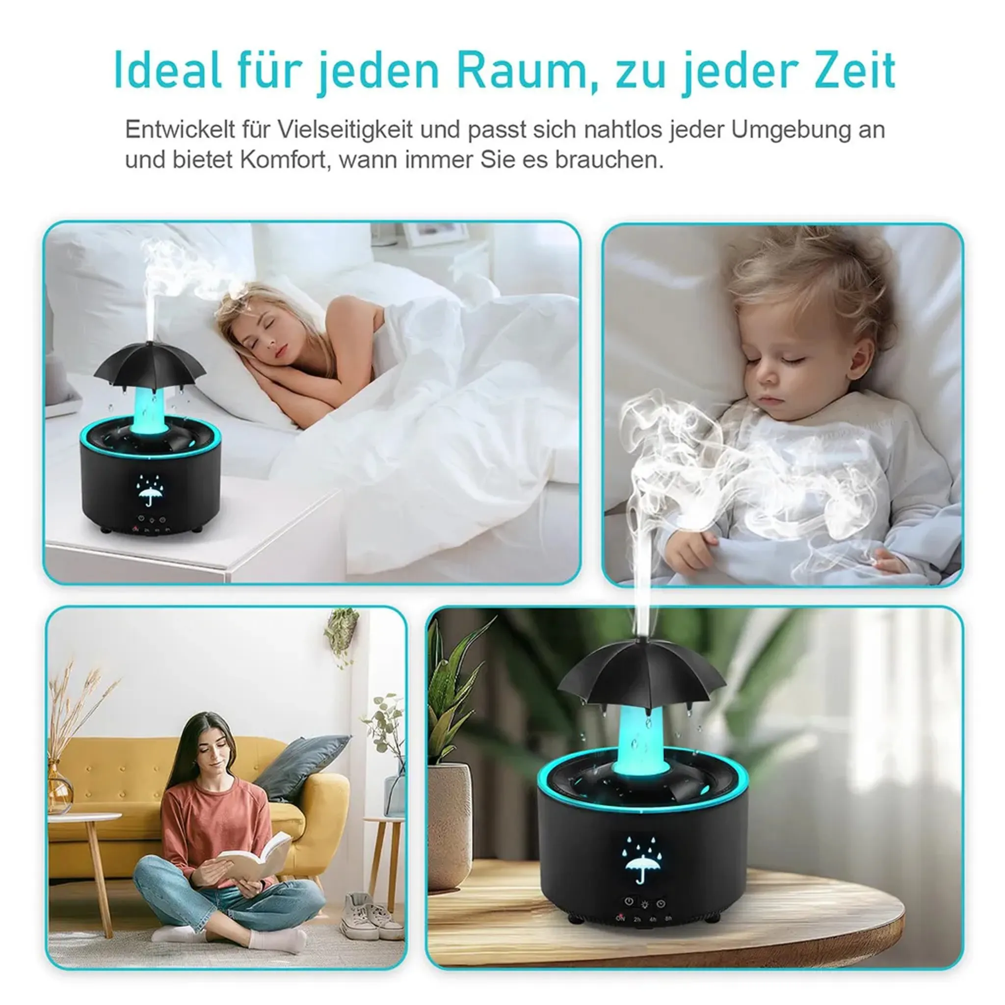 Eine Collage, die einen Luftbefeuchter mit Regenschirm-Oberteil zeigt, in einem Schlafzimmer, Kinderzimmer und Wohnzimmer.