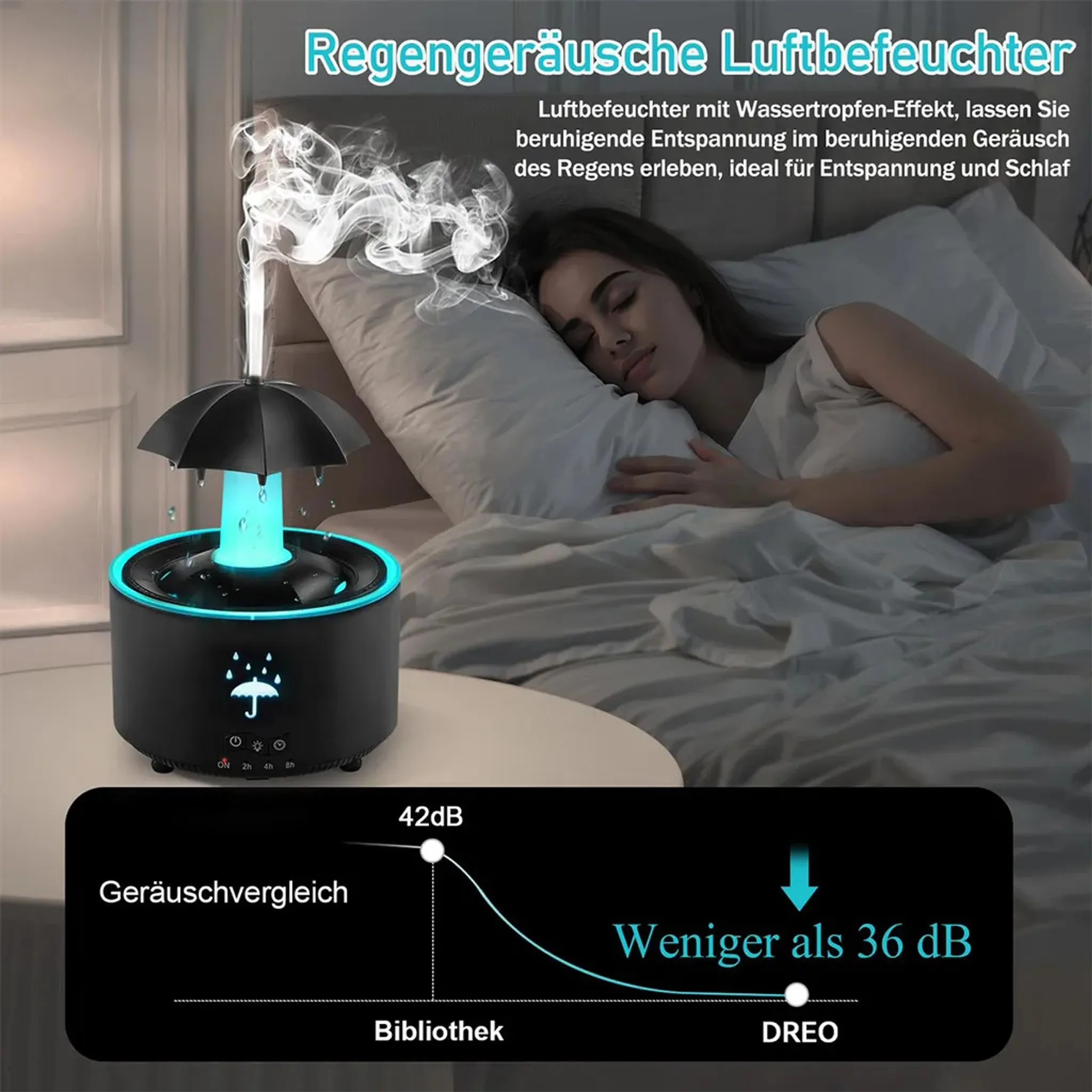 Luftbefeuchter mit Regeneffekt und beruhigendem Licht im Schlafzimmer.