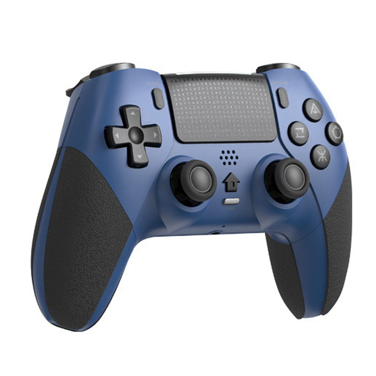 Ein blauer Gamecontroller mit schwarzen Griffen und Tasten.