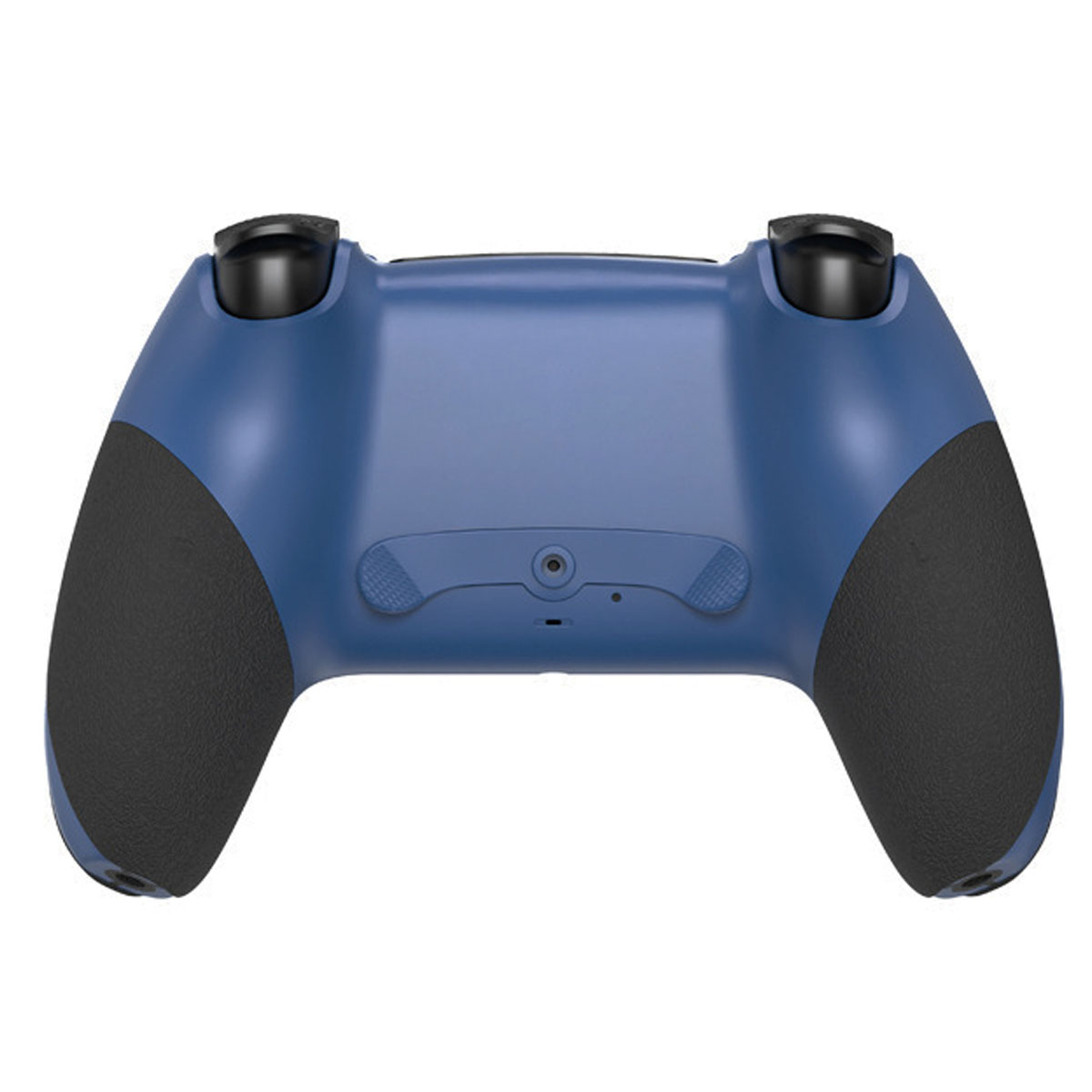 Rückseite eines blauen Controllers mit schwarzen Griffen und Knöpfen.