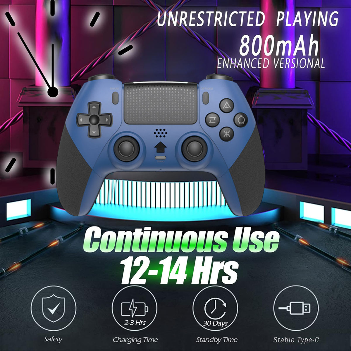 Blauer Controller mit 800mAh Akku, 12-14 Std. Nutzung, 2-3 Std. Ladezeit.