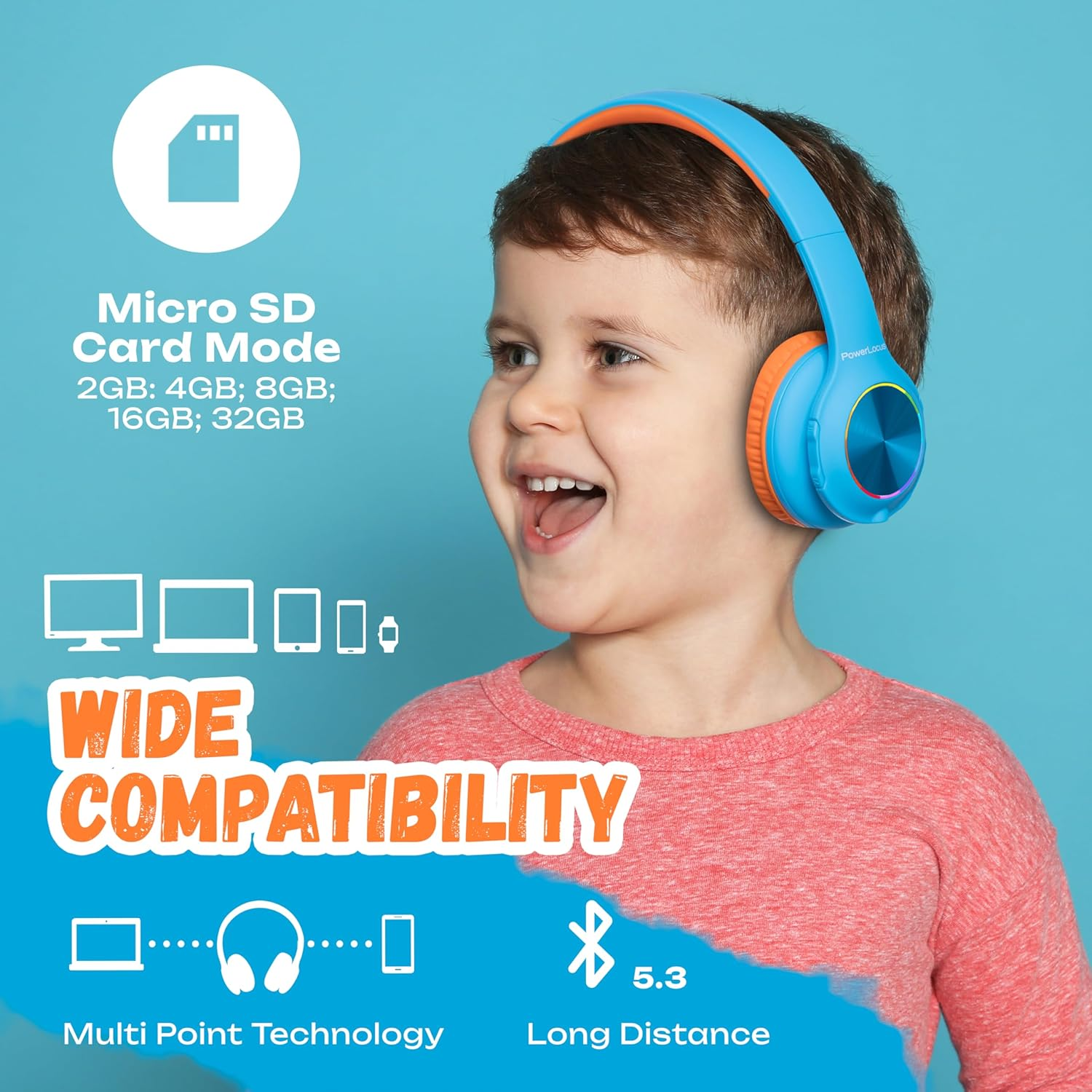 Jeune garçon portant des écouteurs bleus, affichant "Large Compatibilité" et "Mode Carte Micro SD".