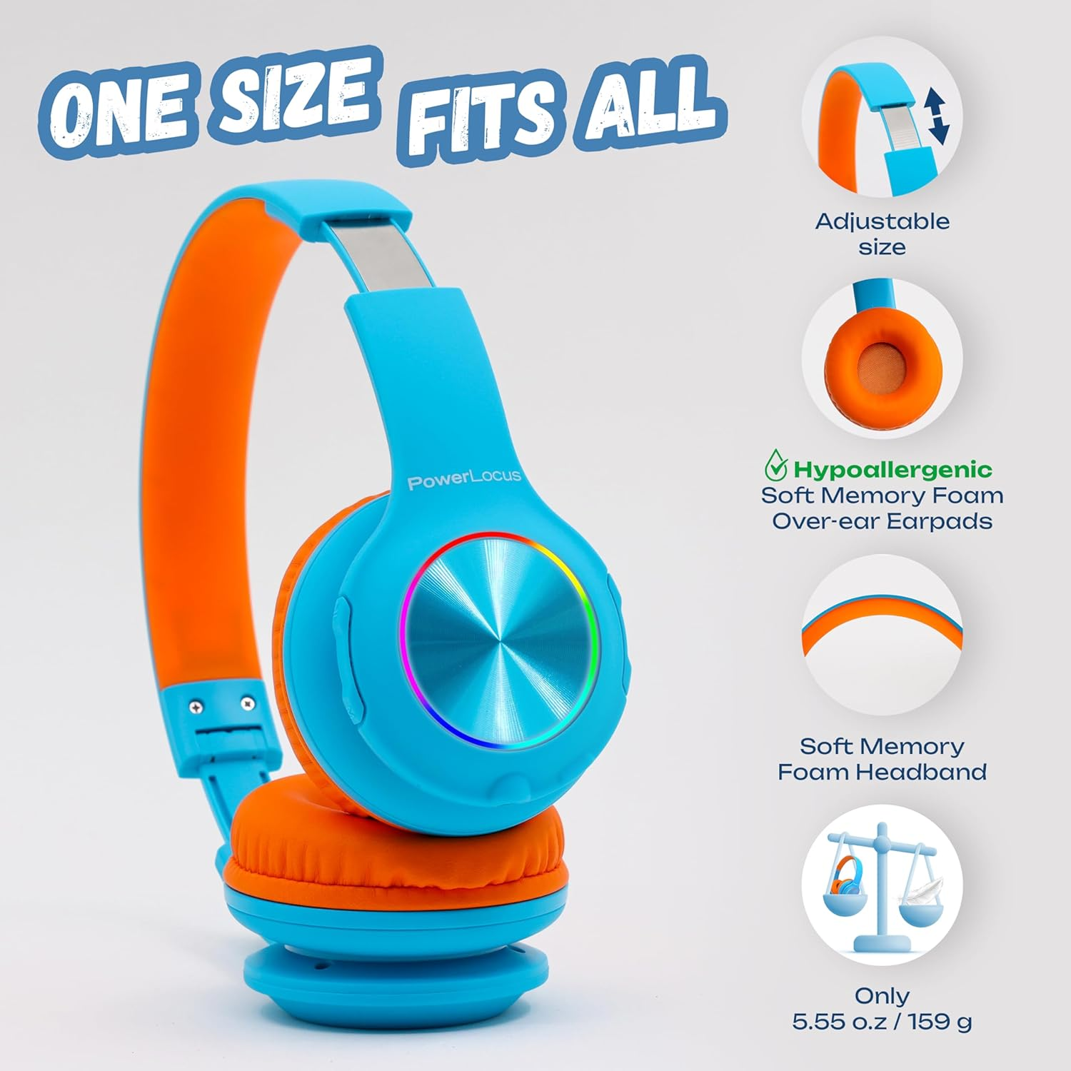 Casque bleu et orange avec arceau réglable et coussinets d'oreille doux, taille unique.