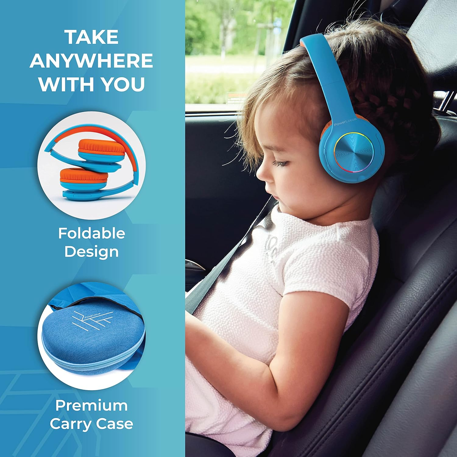 Enfant avec casque bleu dans une voiture. Conception pliable et étui.