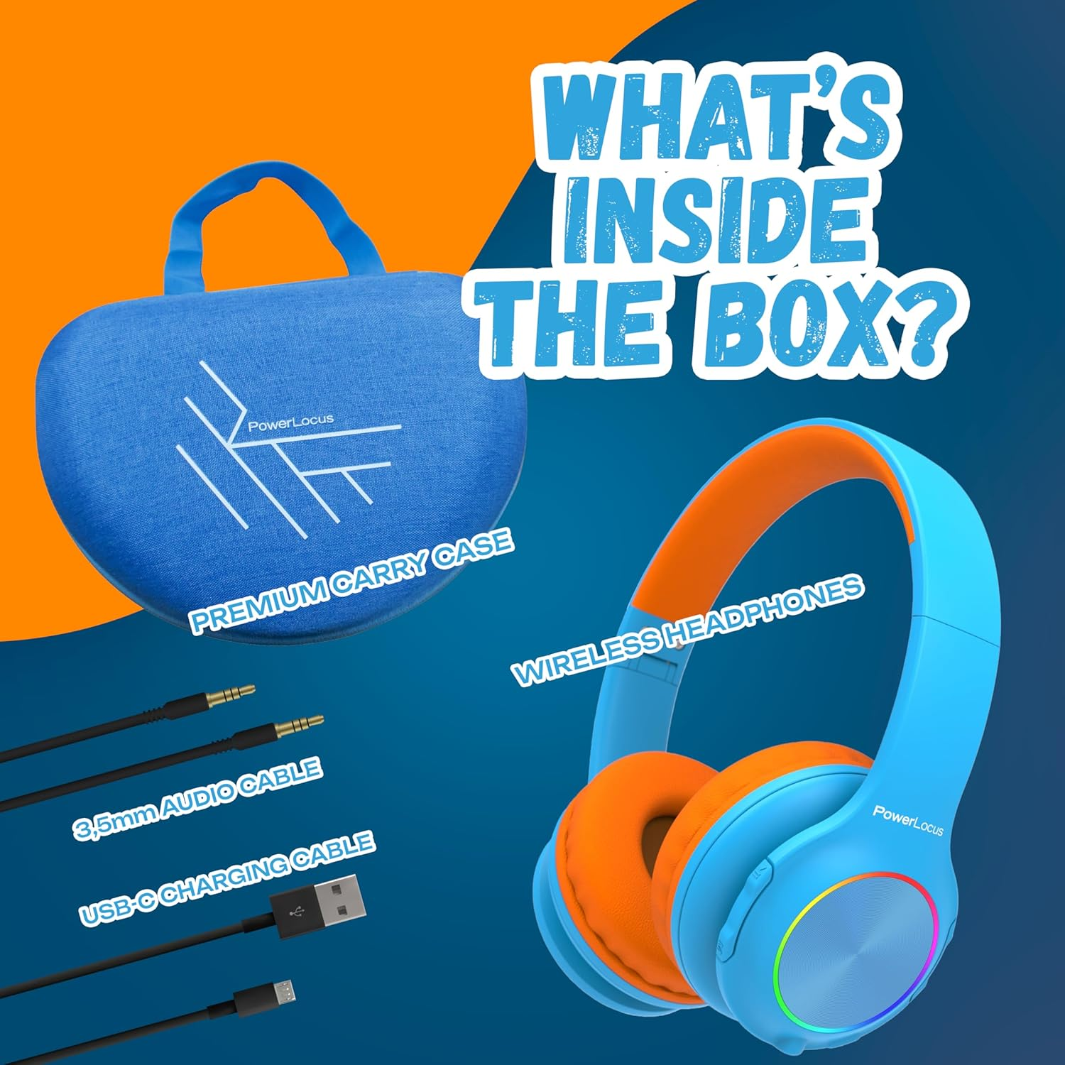 Casque bleu avec oreillettes orange, étui, câble USB-C et câble audio 3,5 mm.