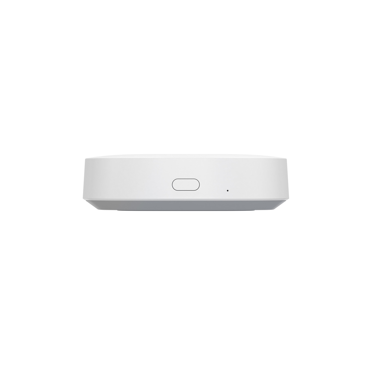 Ein weißer, runder Smart-Home-Hub mit einem Knopf und einem kleinen Loch.