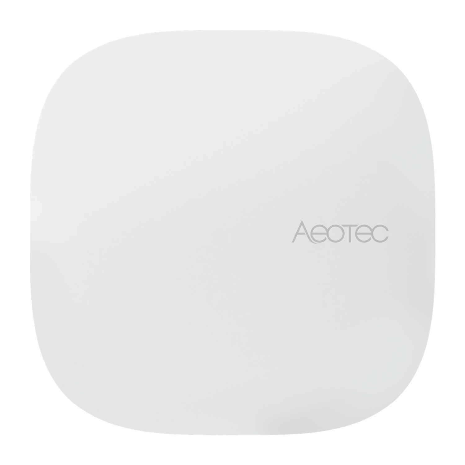 Ein weißes, quadratisches Gerät mit abgerundeten Ecken und dem AEOTEC-Logo.