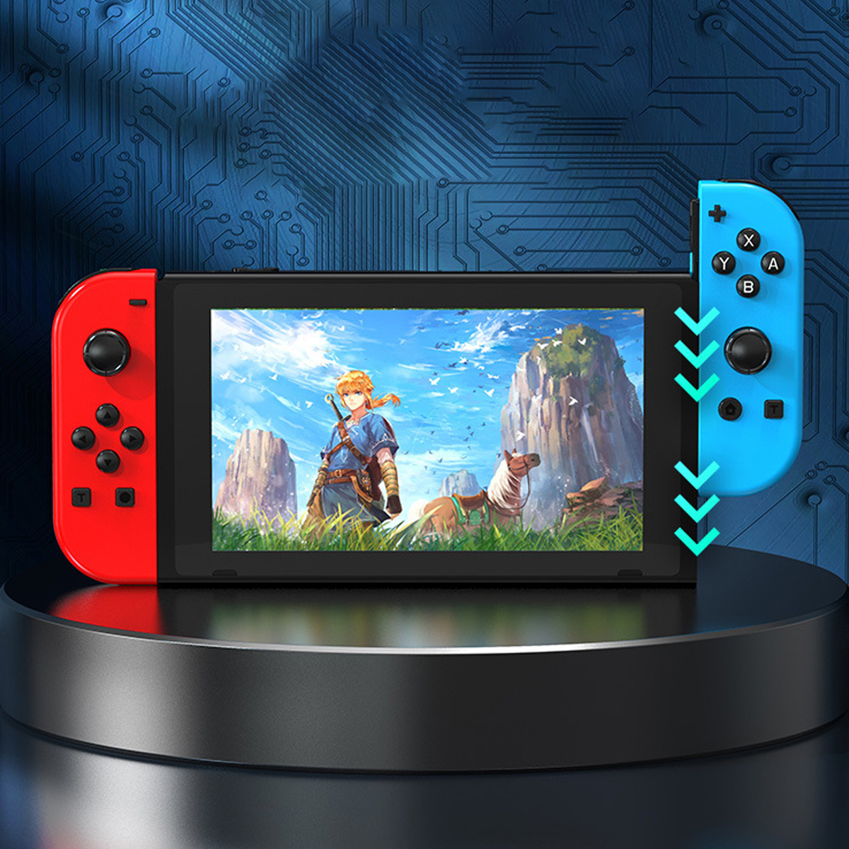 Nintendo Switch mit roten und blauen Joy-Cons zeigt Link aus Zelda.