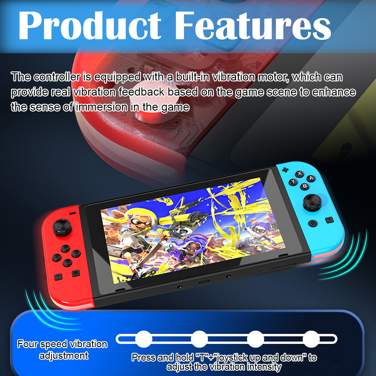 Ein roter und ein blauer Controller sind an einem Nintendo Switch angebracht. Das Display zeigt ein Spiel.