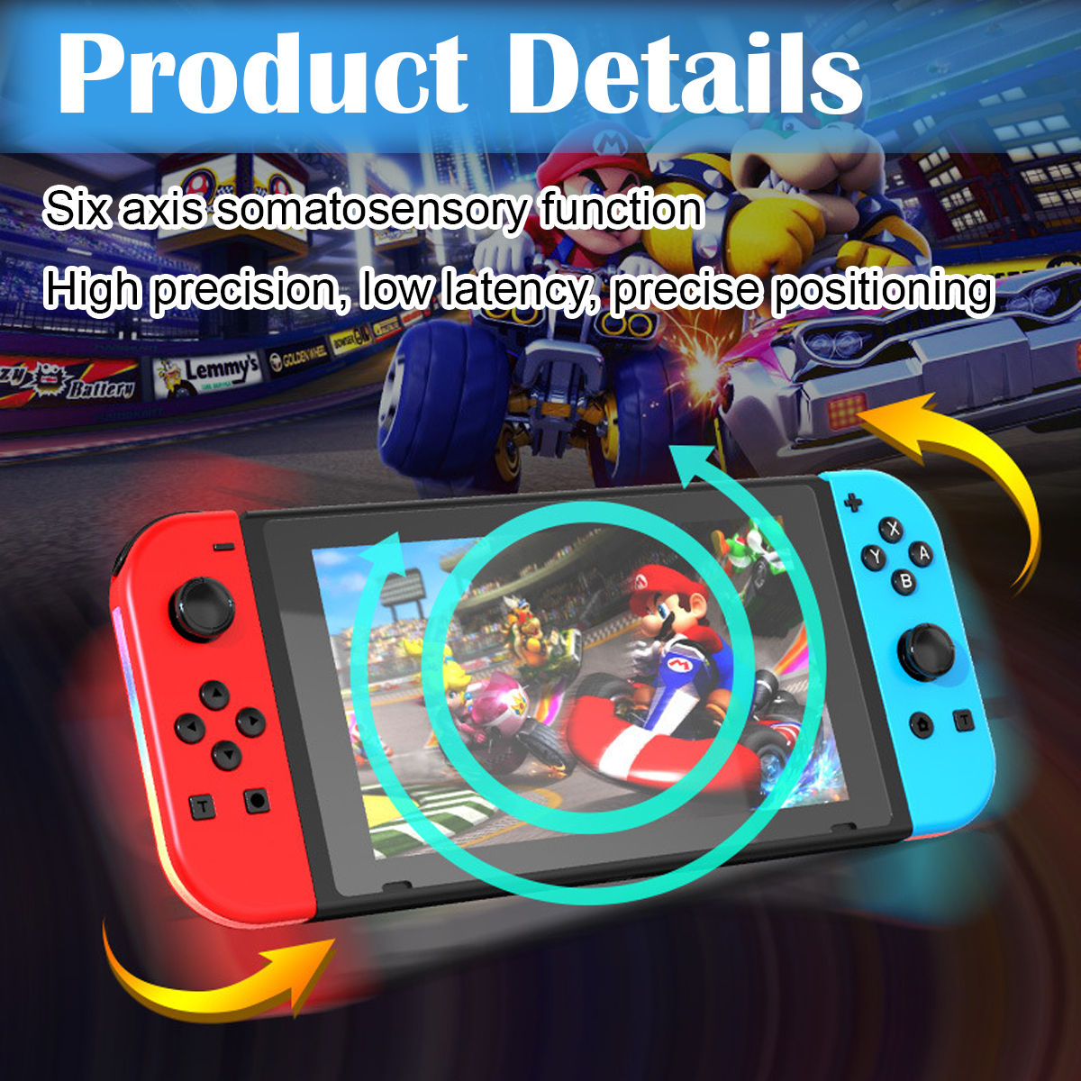 Nintendo Switch mit Mario Kart-Spiel, roten und blauen Joy-Cons. Produktbeschreibung.