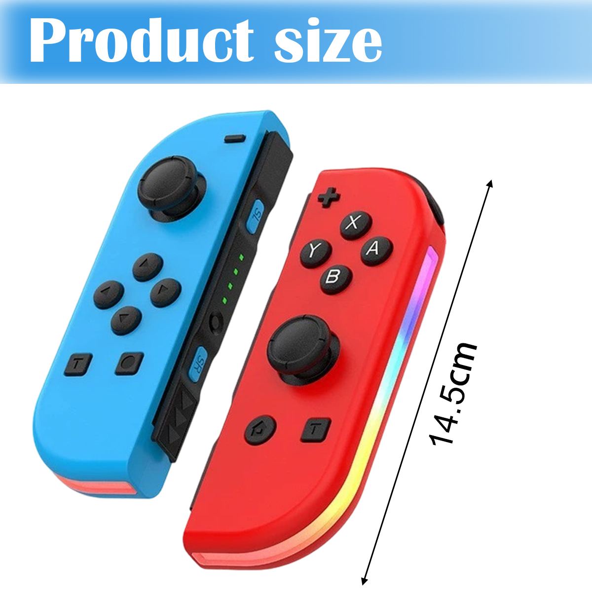 Zwei Controller in Rot und Blau, mit Größenangabe 14,5cm.
