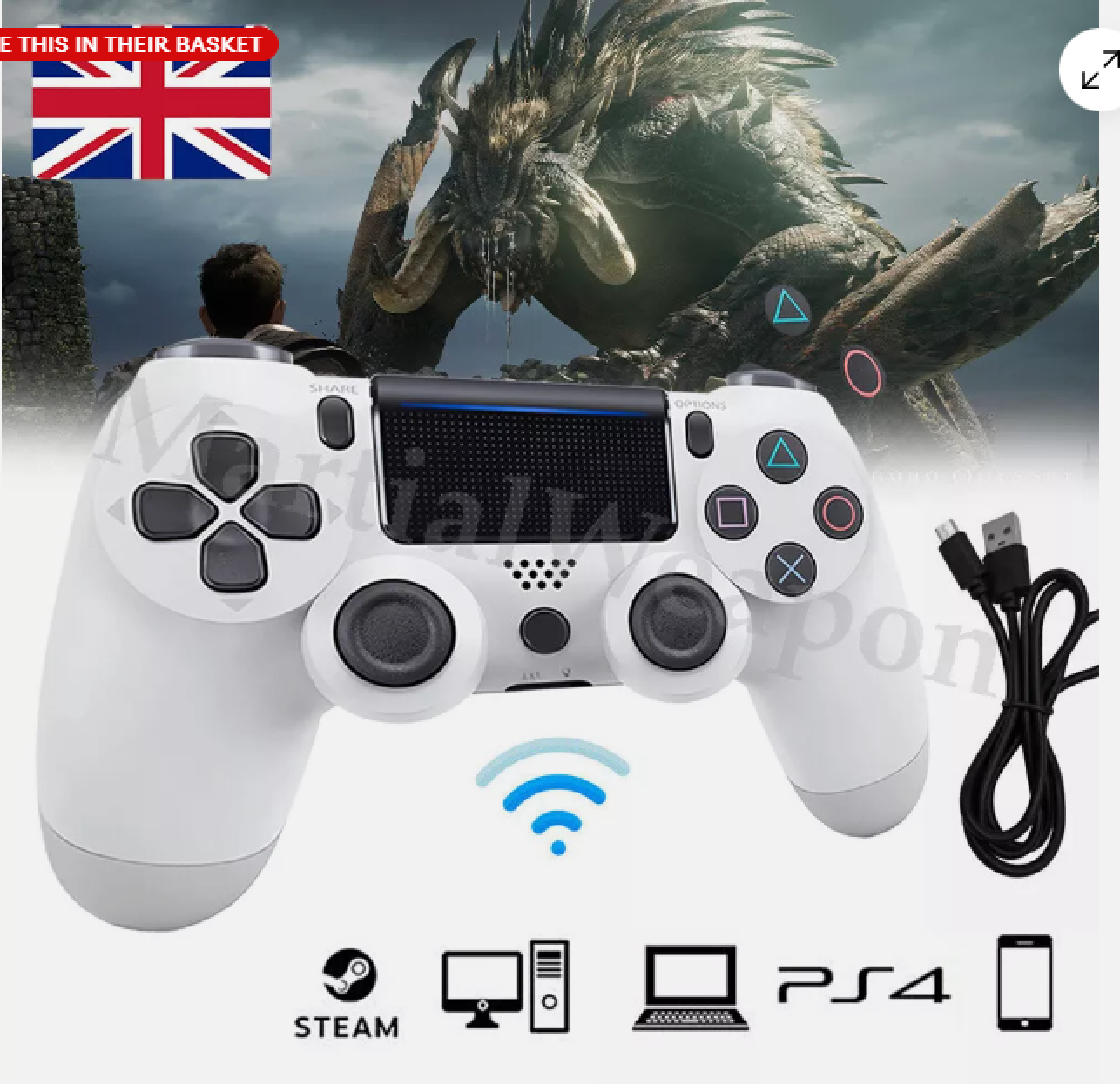Ein weißer PS4-Controller vor einem Drachen und einem Mann.