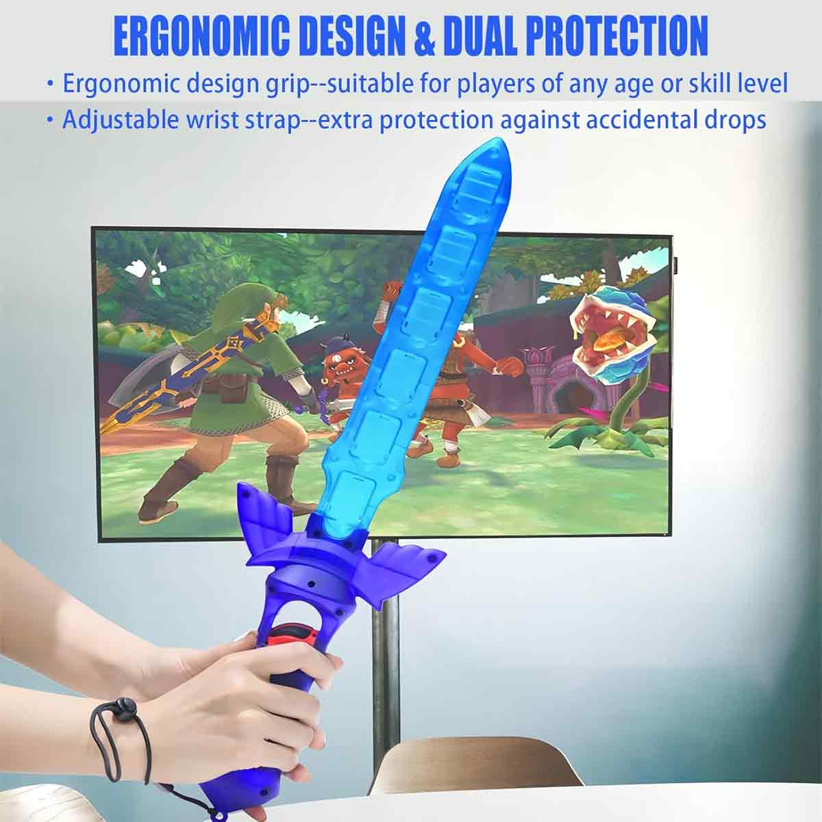 Eine Person hält ein blaues Plastikschwert vor einen Bildschirm mit einem Videospiel.