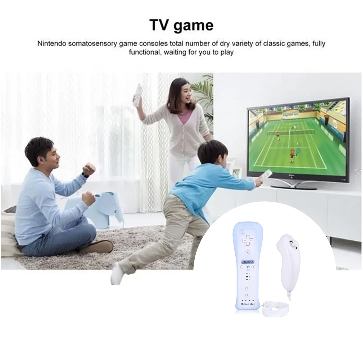 Familie spielt Tennis auf dem Bildschirm mit Motion-Controllern.