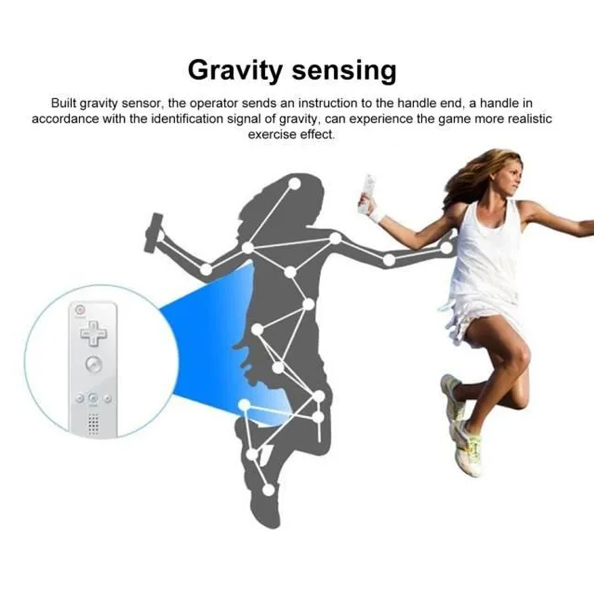 Frau in weißem Kleid springt, mit Silhouetten-Diagramm und Fernbedienung.