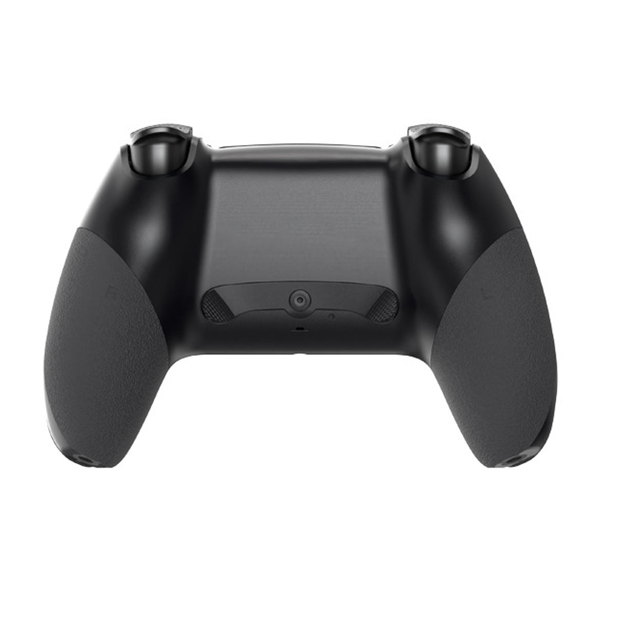 Rückseite eines schwarzen Controllers mit gummierten Griffen und Tasten.