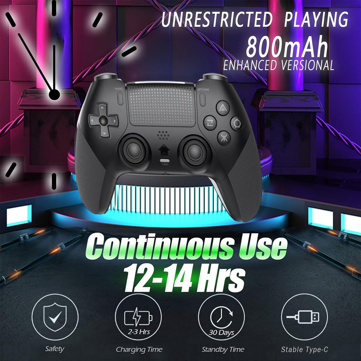 Schwarzer Gamecontroller mit 800mAh Akku, bietet 12-14 Stunden Dauerbetrieb.