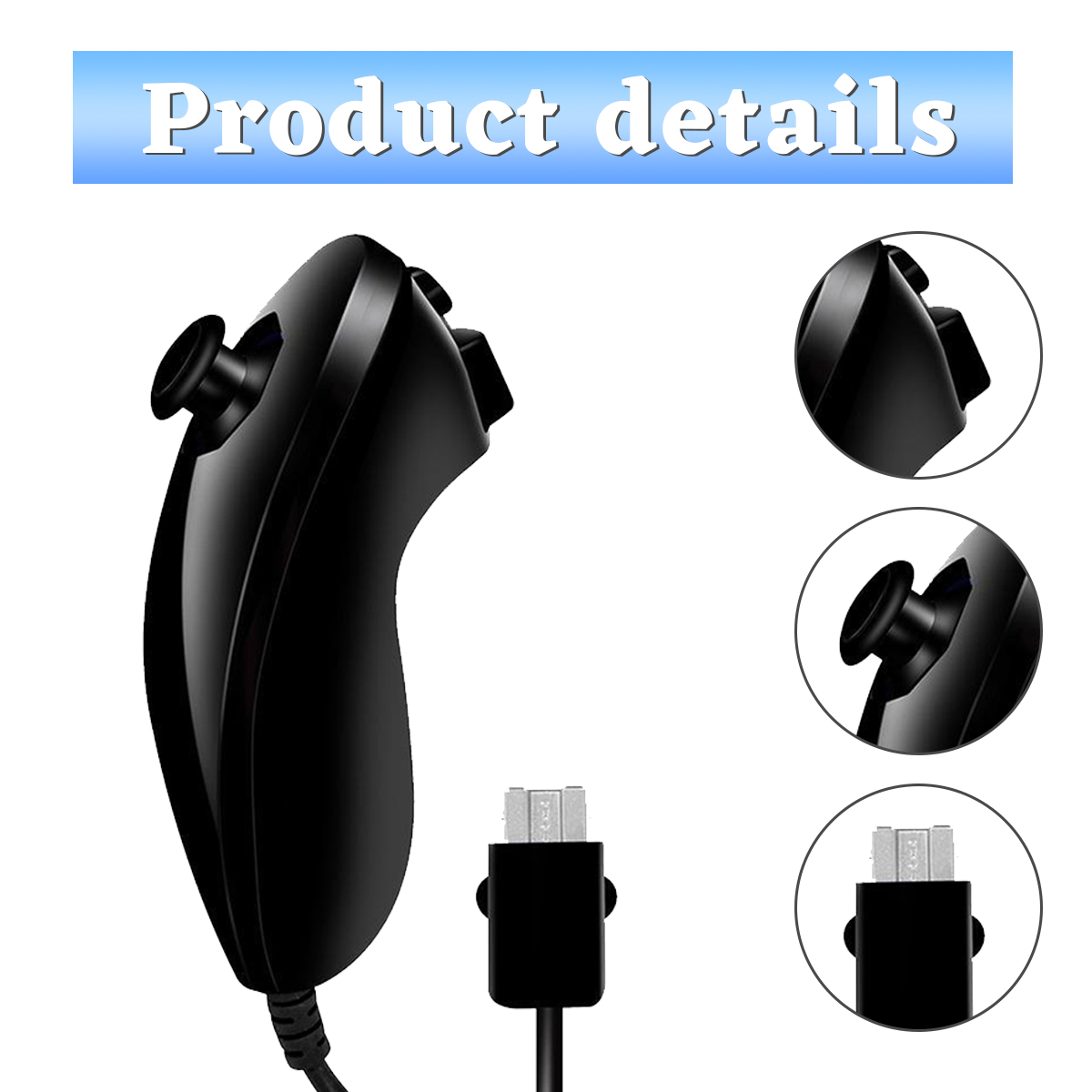 Schwarzer Controller mit Kabel und USB-Anschluss, Nahaufnahmen der Tasten.