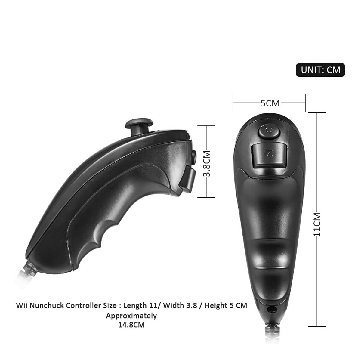 Schwarzer Wii Nunchuk Controller mit Maßen: 11cm L, 3,8cm B, 5cm H.