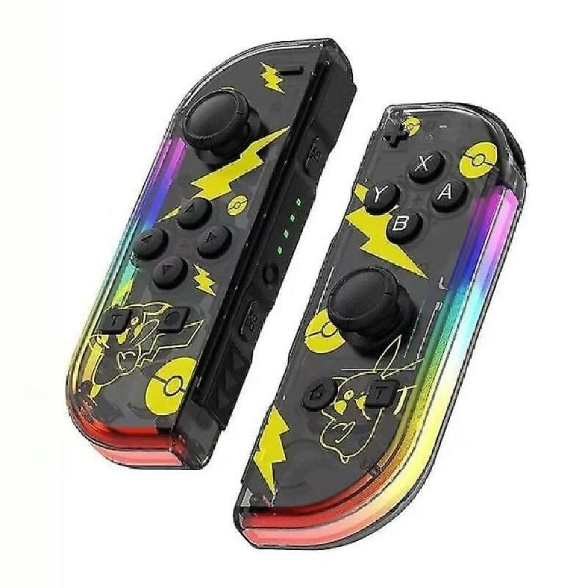 Zwei transparente schwarze Joy-Con-Controller mit Pikachu-Motiv und bunten Lichtern.