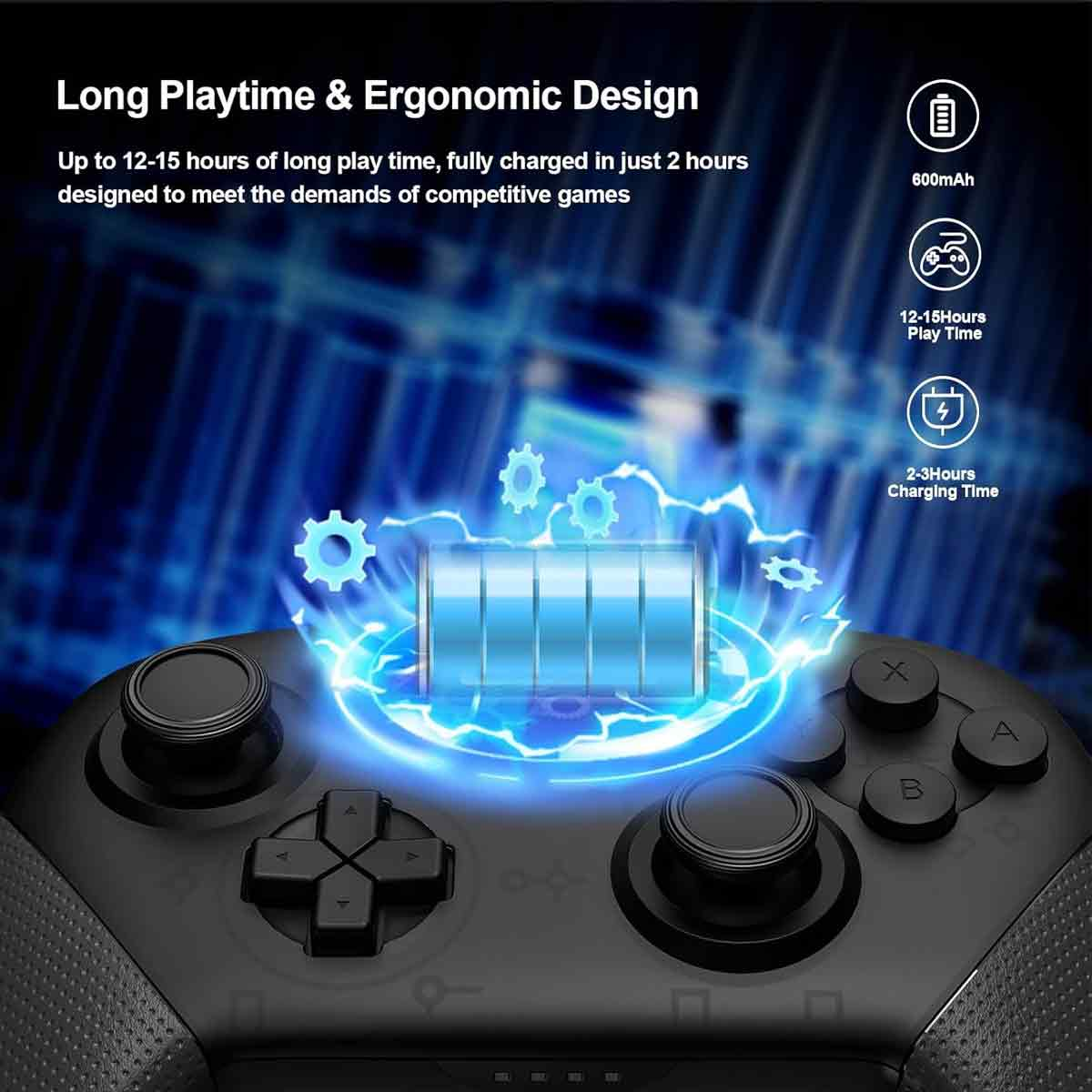 Schwarzer Controller mit leuchtender Akkuanzeige und Zahnrädern, Hintergrund mit blauen Linien.