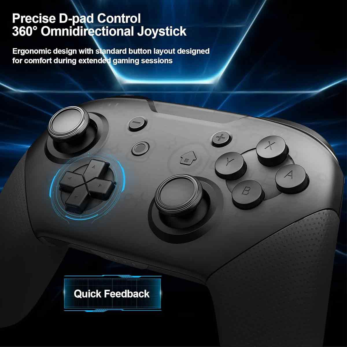 Schwarzer Gaming-Controller mit präziser D-Pad-Steuerung, 360°-Joystick und Tasten.