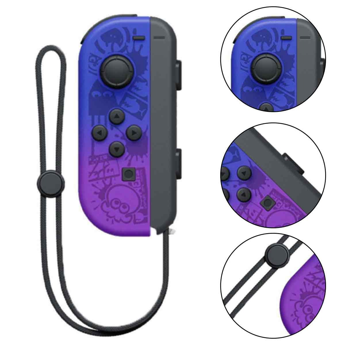 Ein violetter Nintendo Switch Joy-Con Controller mit Splatoon-Design und Handschlaufe.