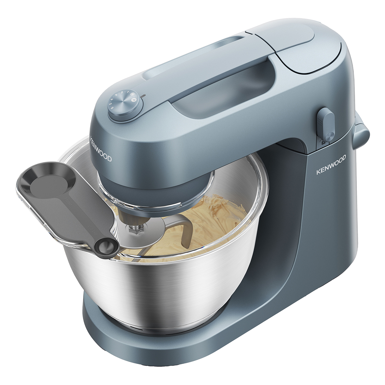 Grauer Kenwood Küchenmixer mit silberner Schüssel und hellgelbem Teig.