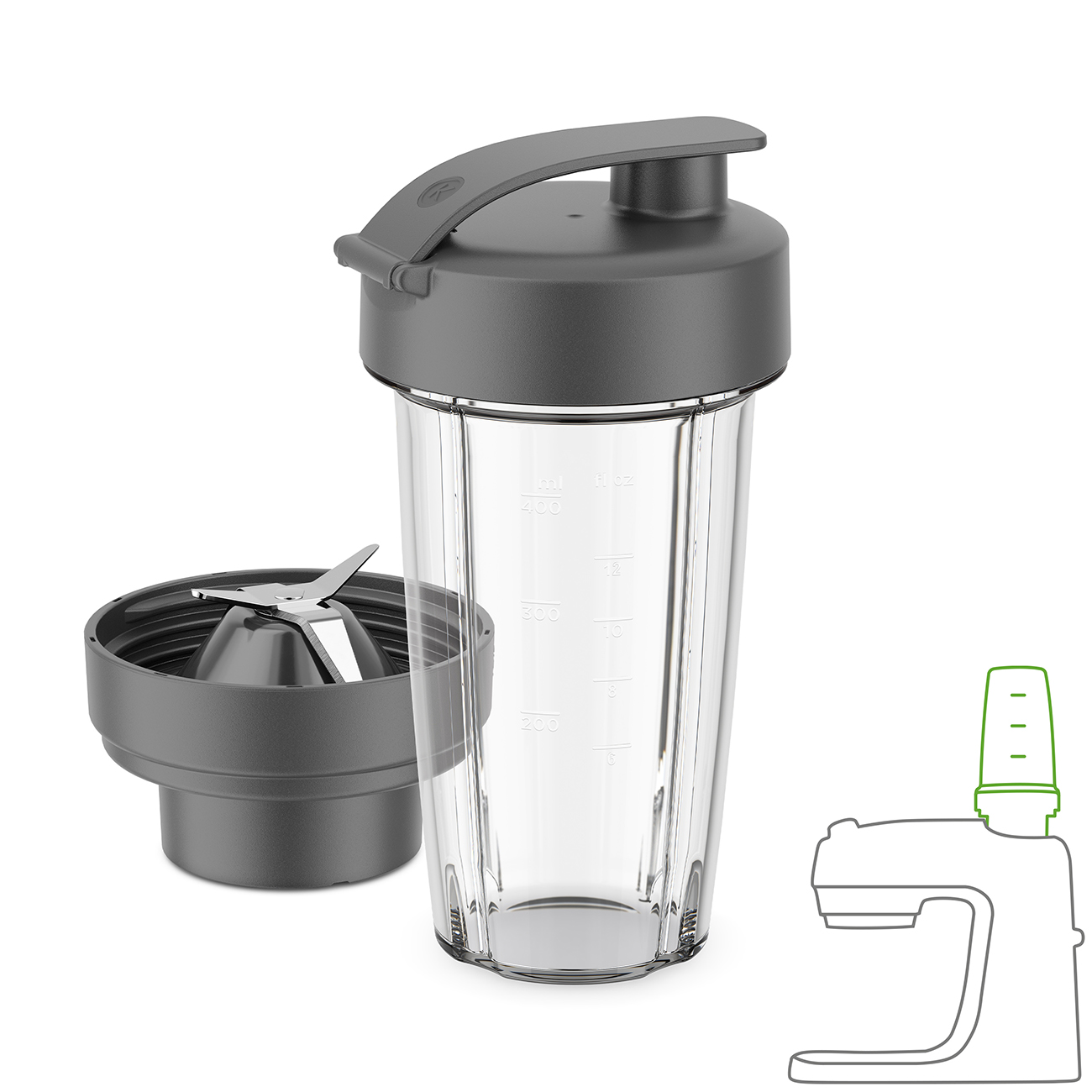 Ein Mixbecher mit Klingen und Deckel, neben einer Umrisszeichnung einer Mixbasis.