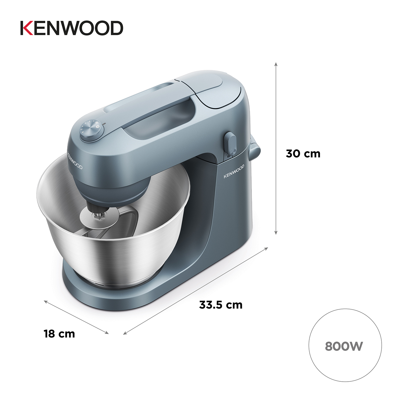 Grauer Kenwood Küchenmixer mit Edelstahlschüssel, 800W, 33,5x18x30 cm.