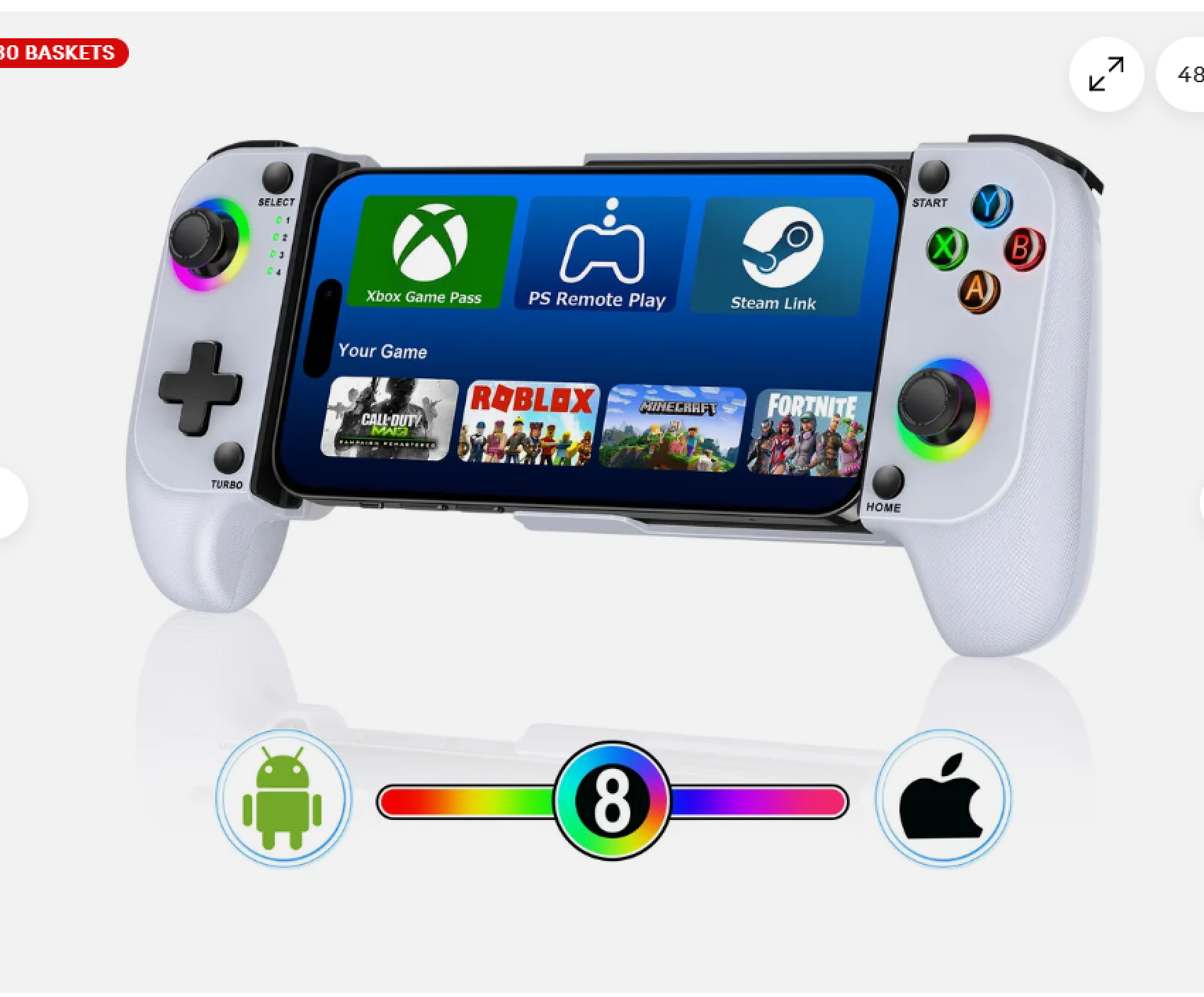 Ein weißer Handy-Controller mit beleuchteten Joysticks und Tasten.