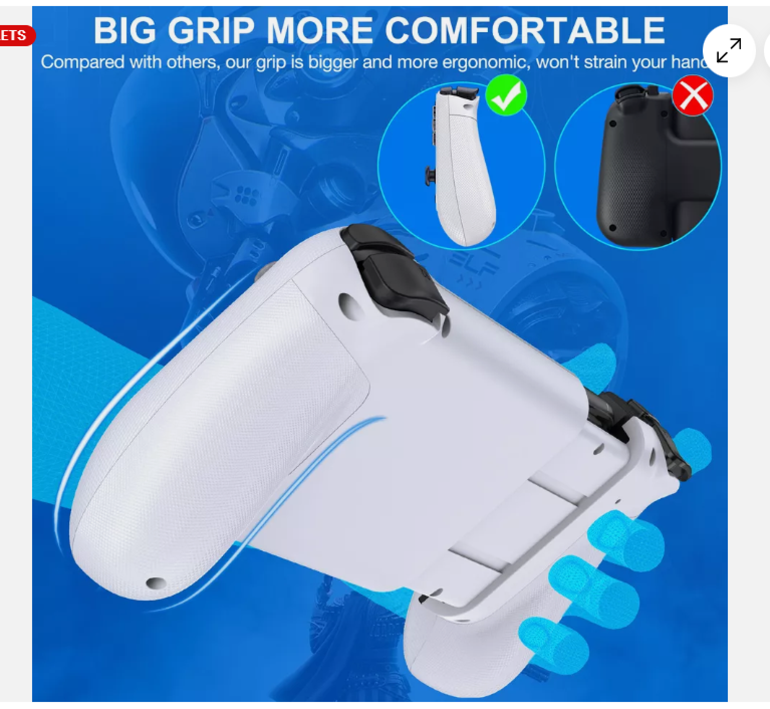 Weiße Controller-Griffe mit blauen Fingereindrücken auf blauem Hintergrund.
