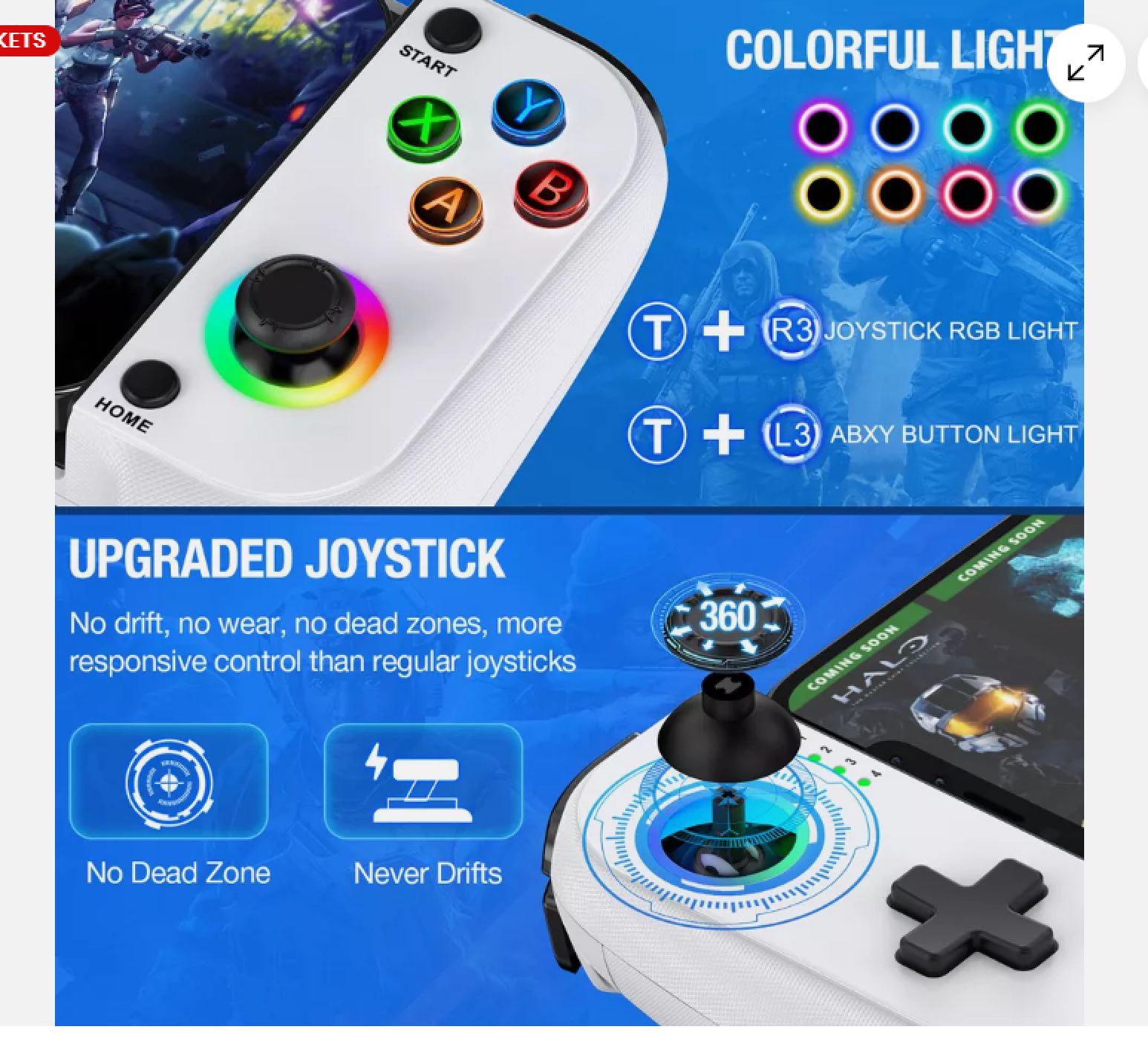 Ein weißer Controller mit bunten Lichtern, Joysticks und Tasten.