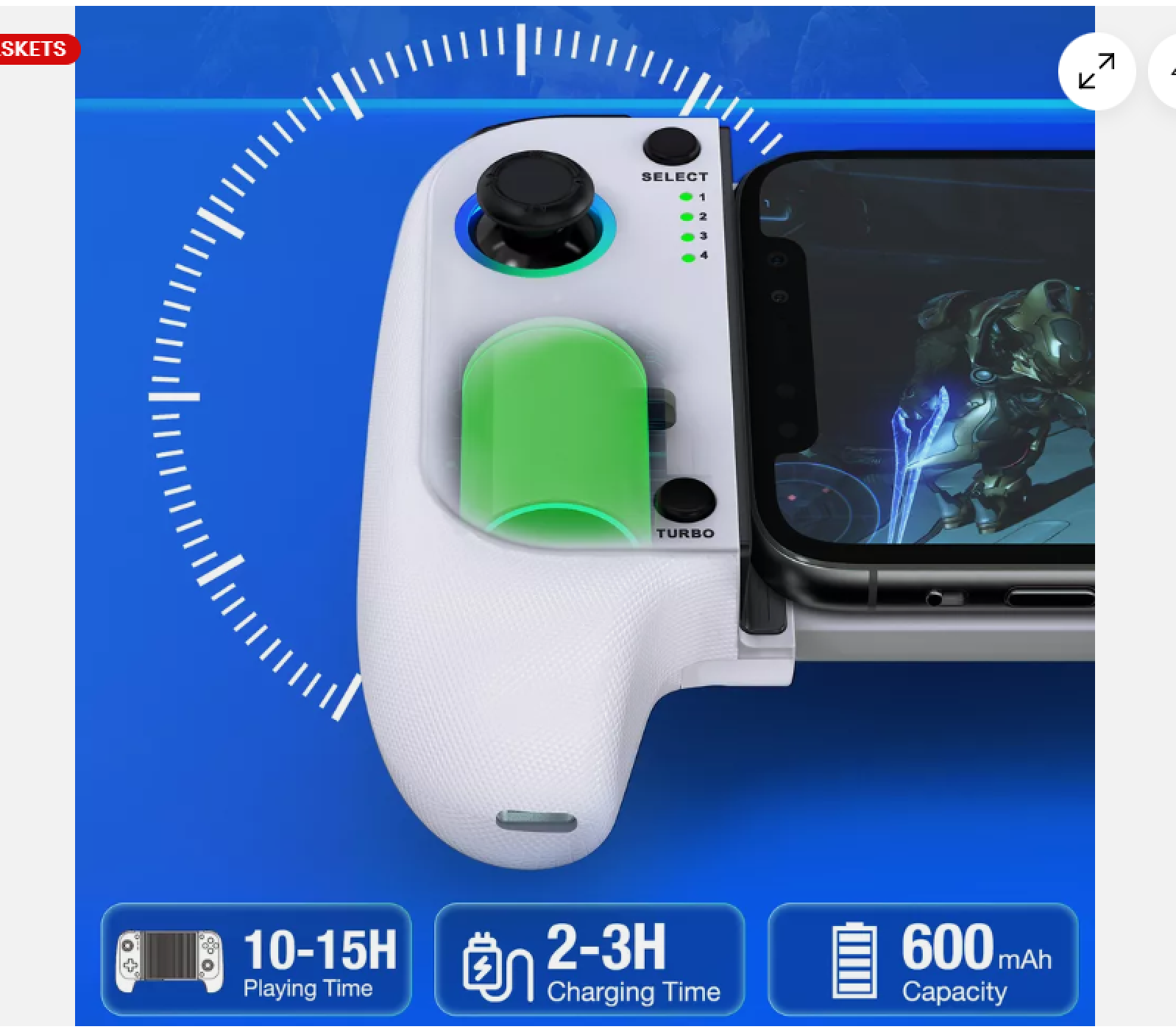 Ein weißer Gamecontroller hält ein Smartphone, das ein Spiel zeigt. Blaue Hintergrund.