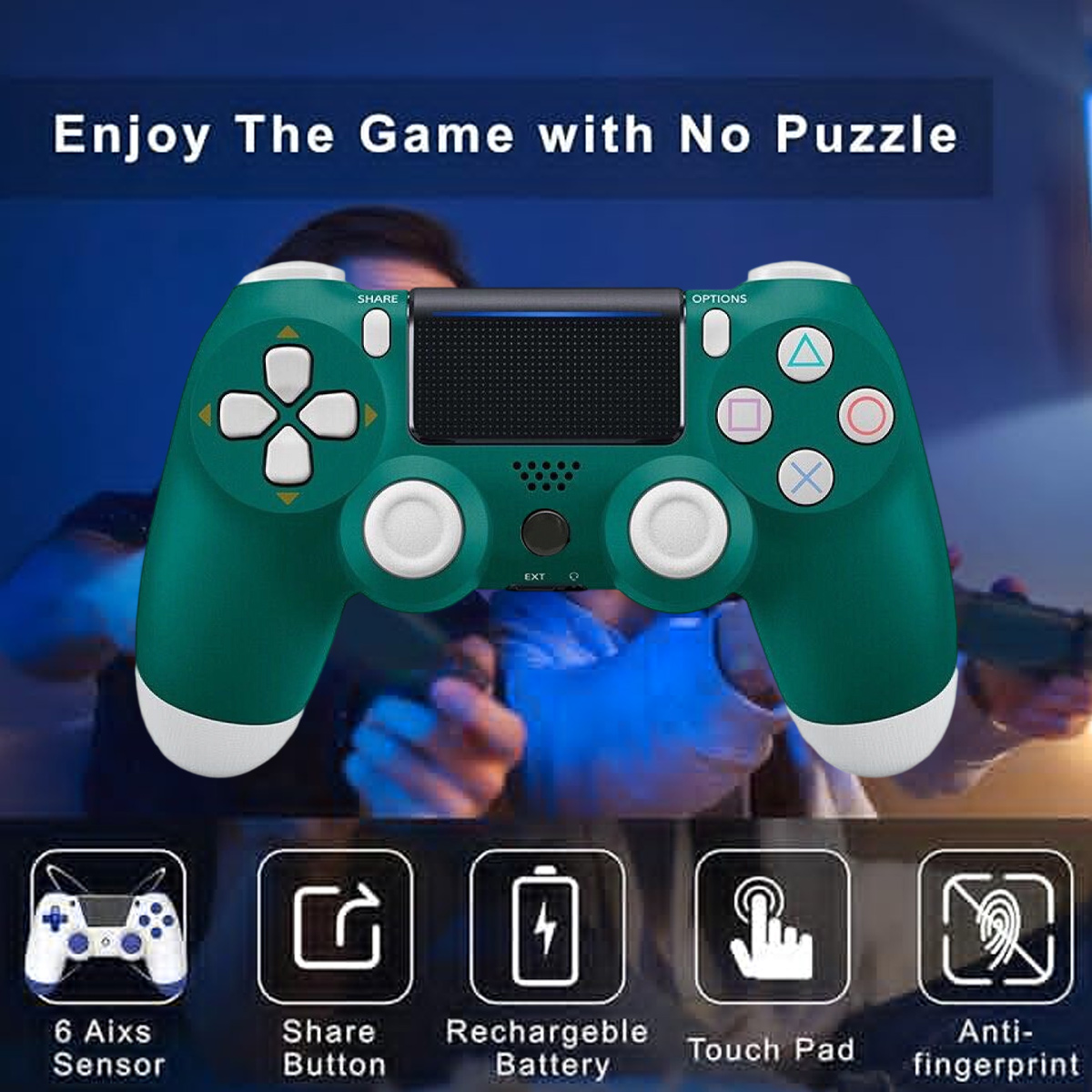 Grüner Gamecontroller mit Touchpad, Knöpfen und Sensorfunktionen.