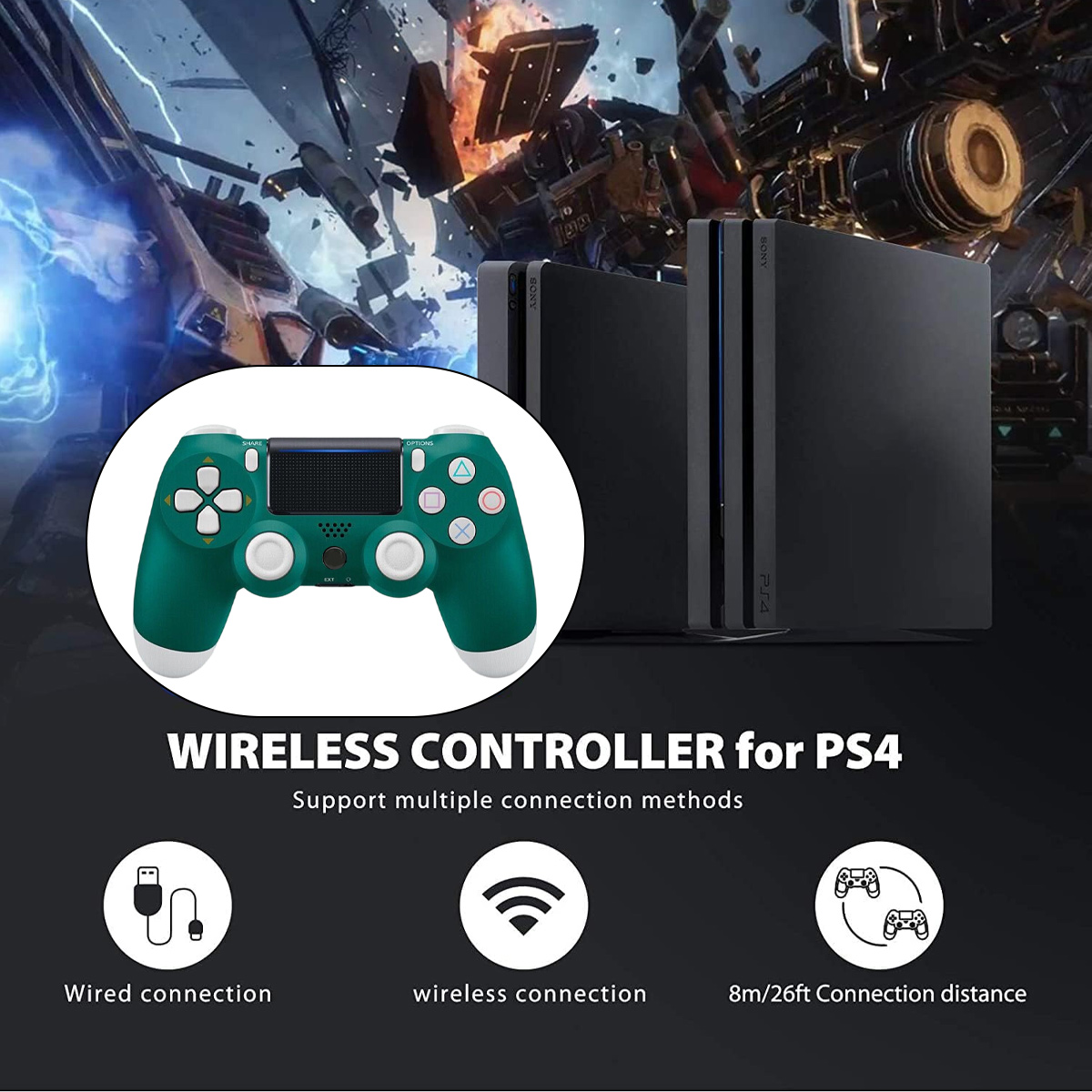 Grüner PS4 Controller, zwei PS4 Konsolen und Action-Hintergrund.