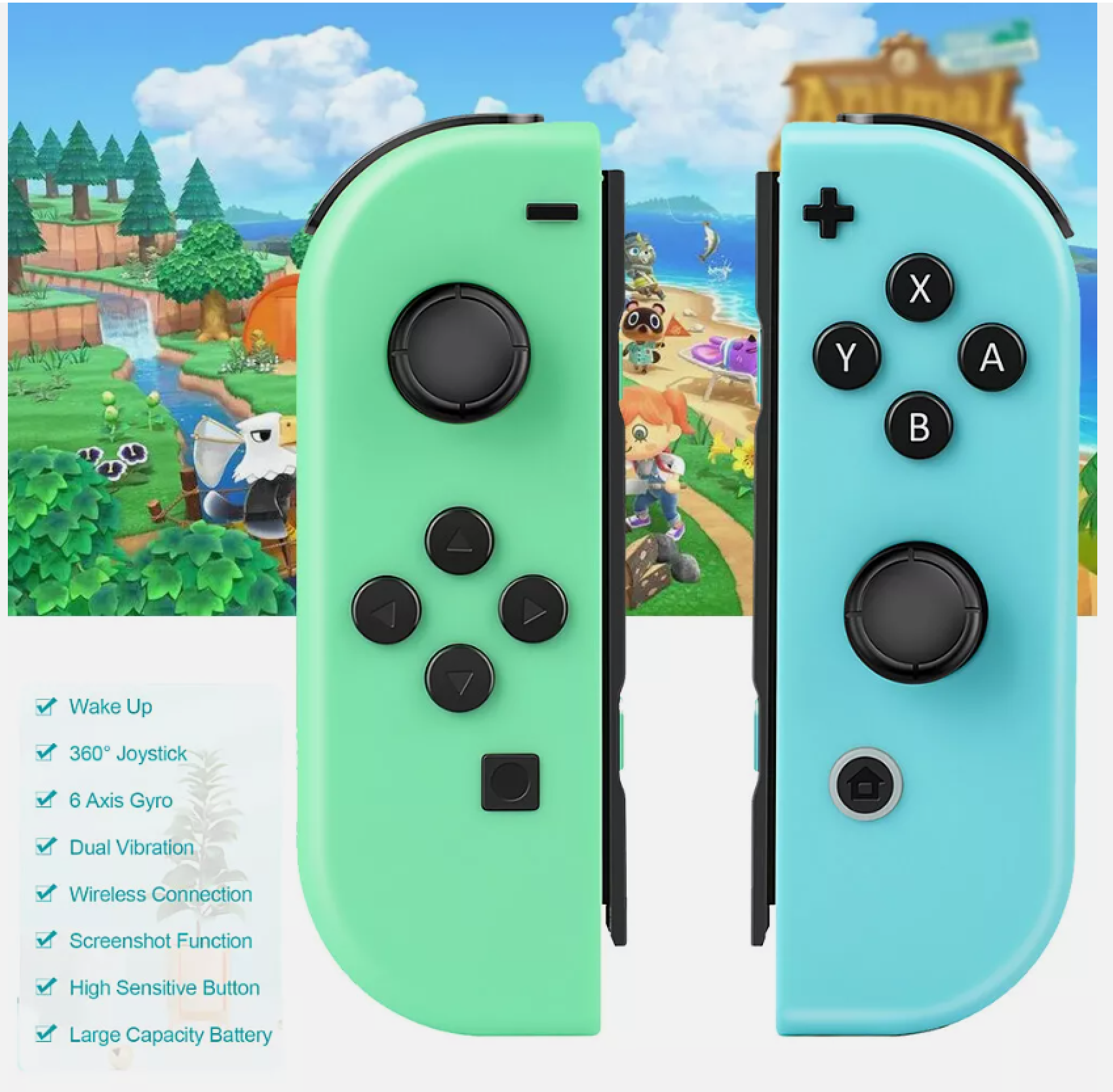 Zwei Nintendo Switch Controller in Mintgrün und Türkis vor einer Spielszene.