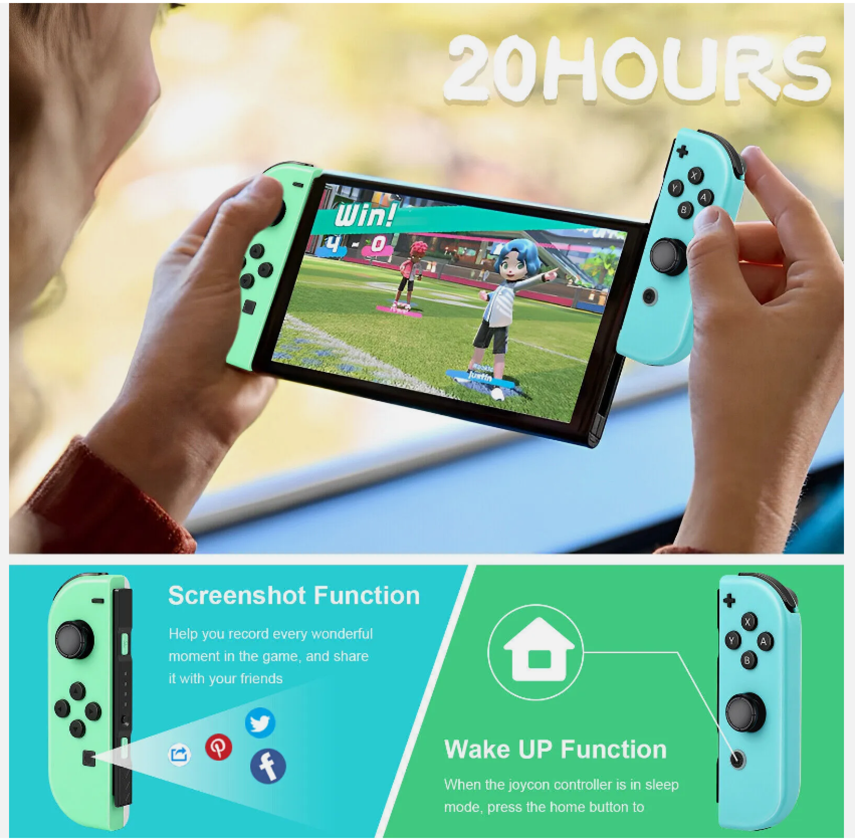 Eine Person spielt ein Handheld-Spiel mit mintgrünen und hellblauen Joy-Cons. Text erwähnt 20 Stunden.
