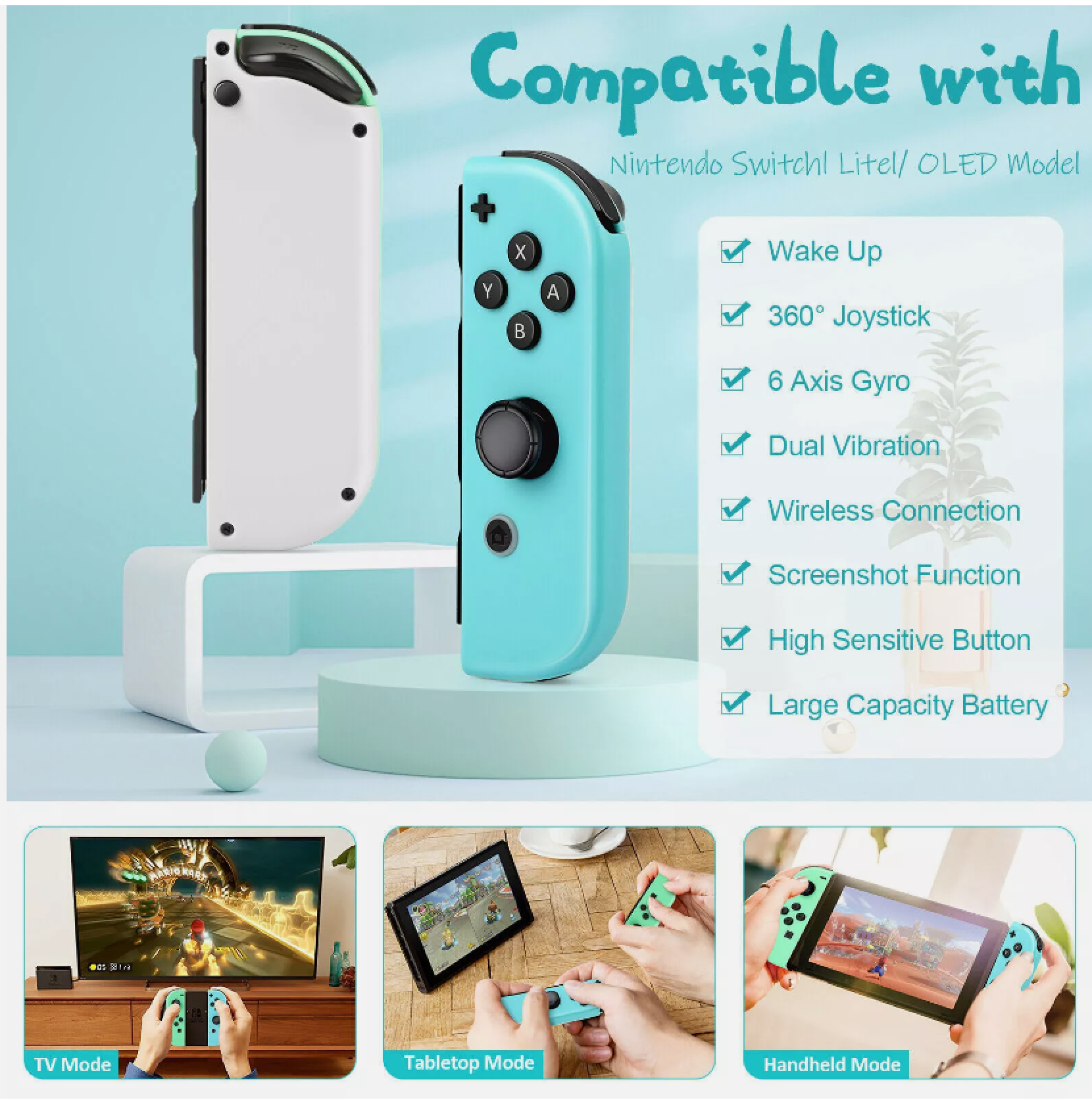 Nintendo Switch Joy-Cons in Weiß und Türkis, kompatibel mit verschiedenen Modi.